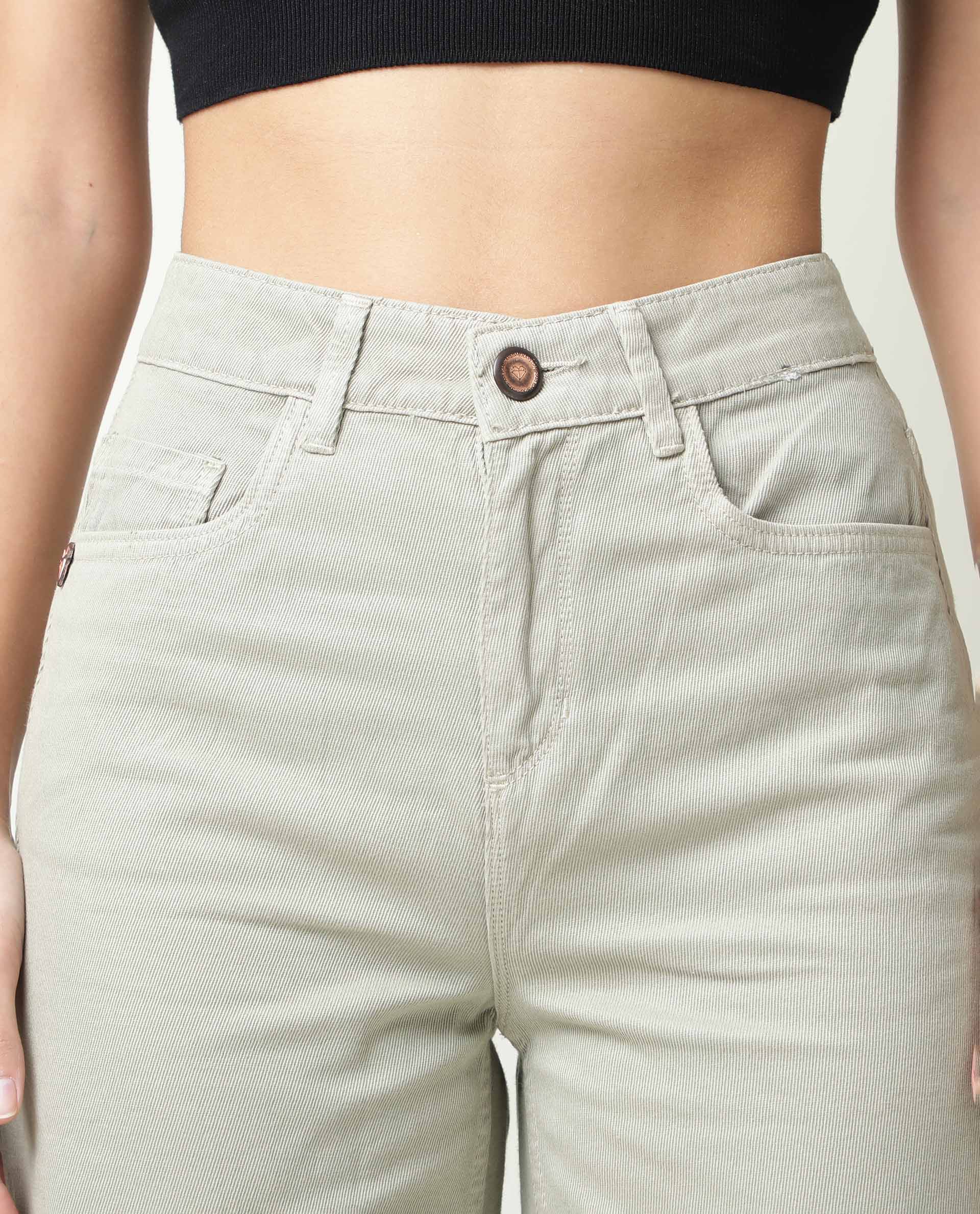 Rareism Womens Ginno Green Trouser Cotton Fabric Regular Fit Button Closure High Rise Waist Rise Ankle Length