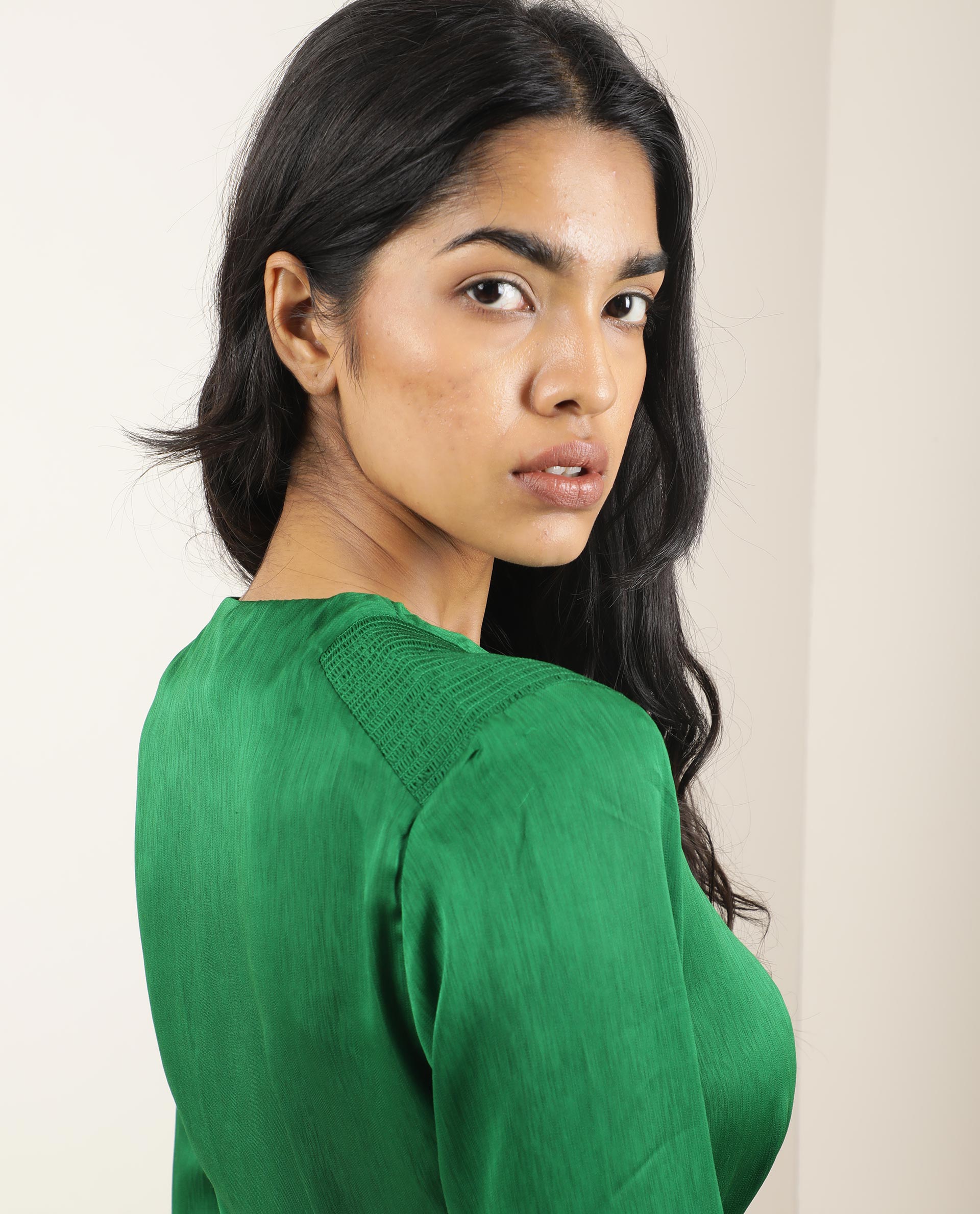 Rareism Womens Dronite Green Top Polyester Fabric Full Sleeve V Neck