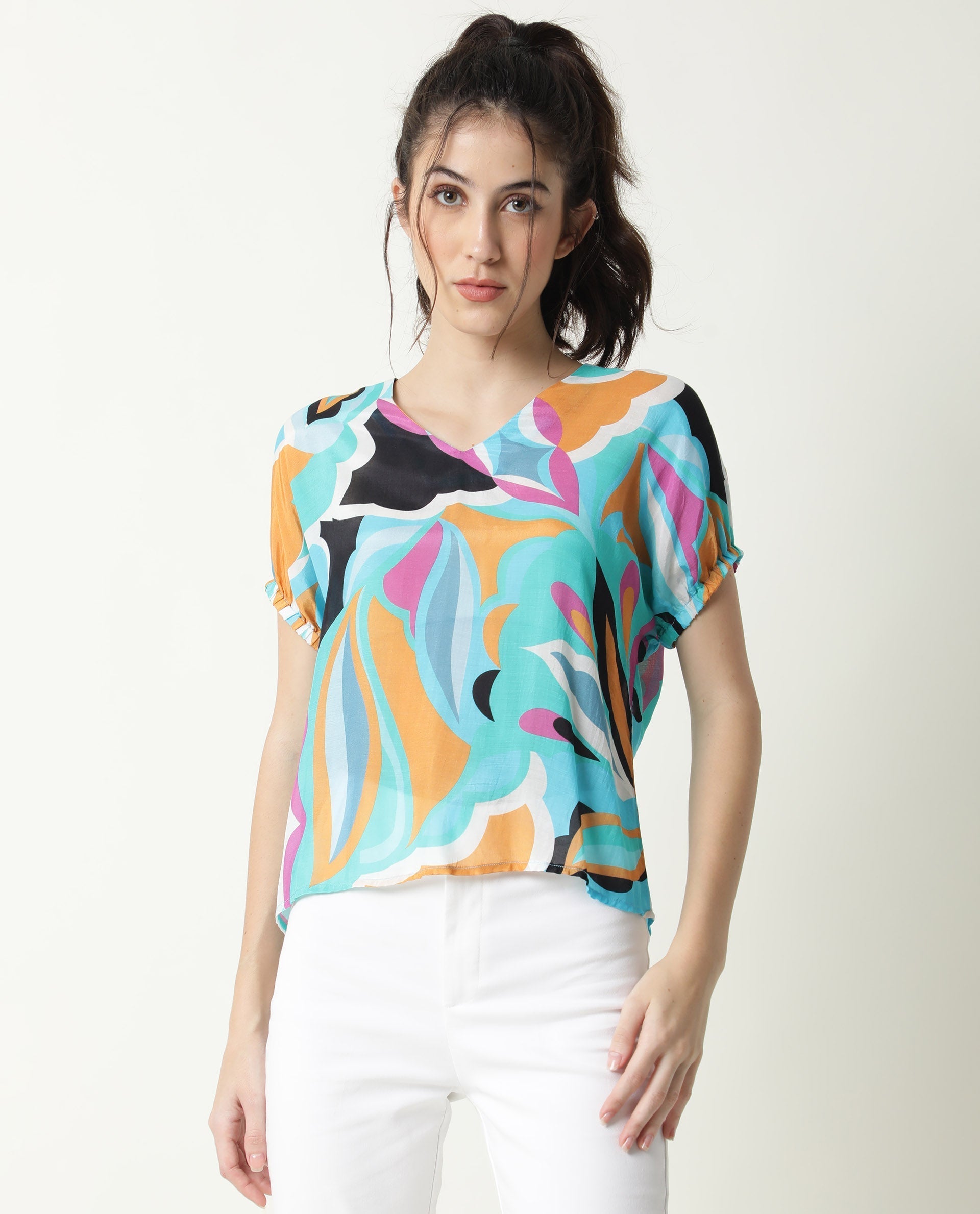 Rareism Women's Maverick Multi Cotton Blend V-Neck Abstract Print Relaxed Fit Top