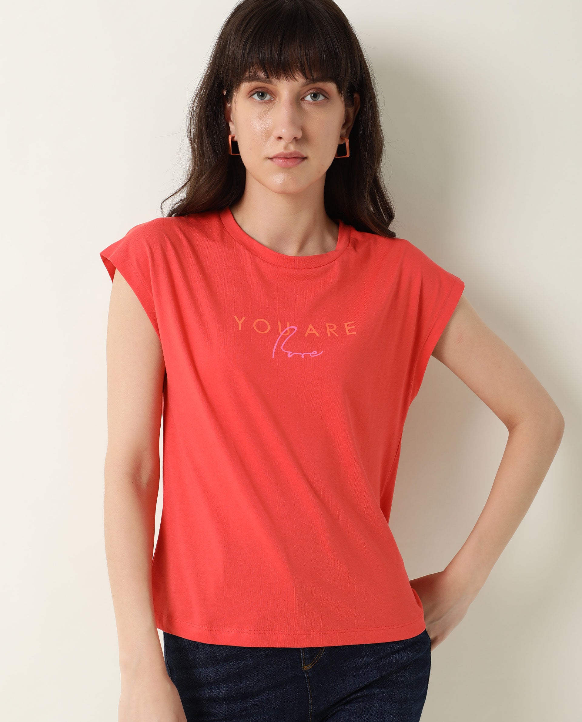 Rareism Womens Caprico Red T-Shirt Cotton Fabric Regular Fit Half Sleeve Round Neck