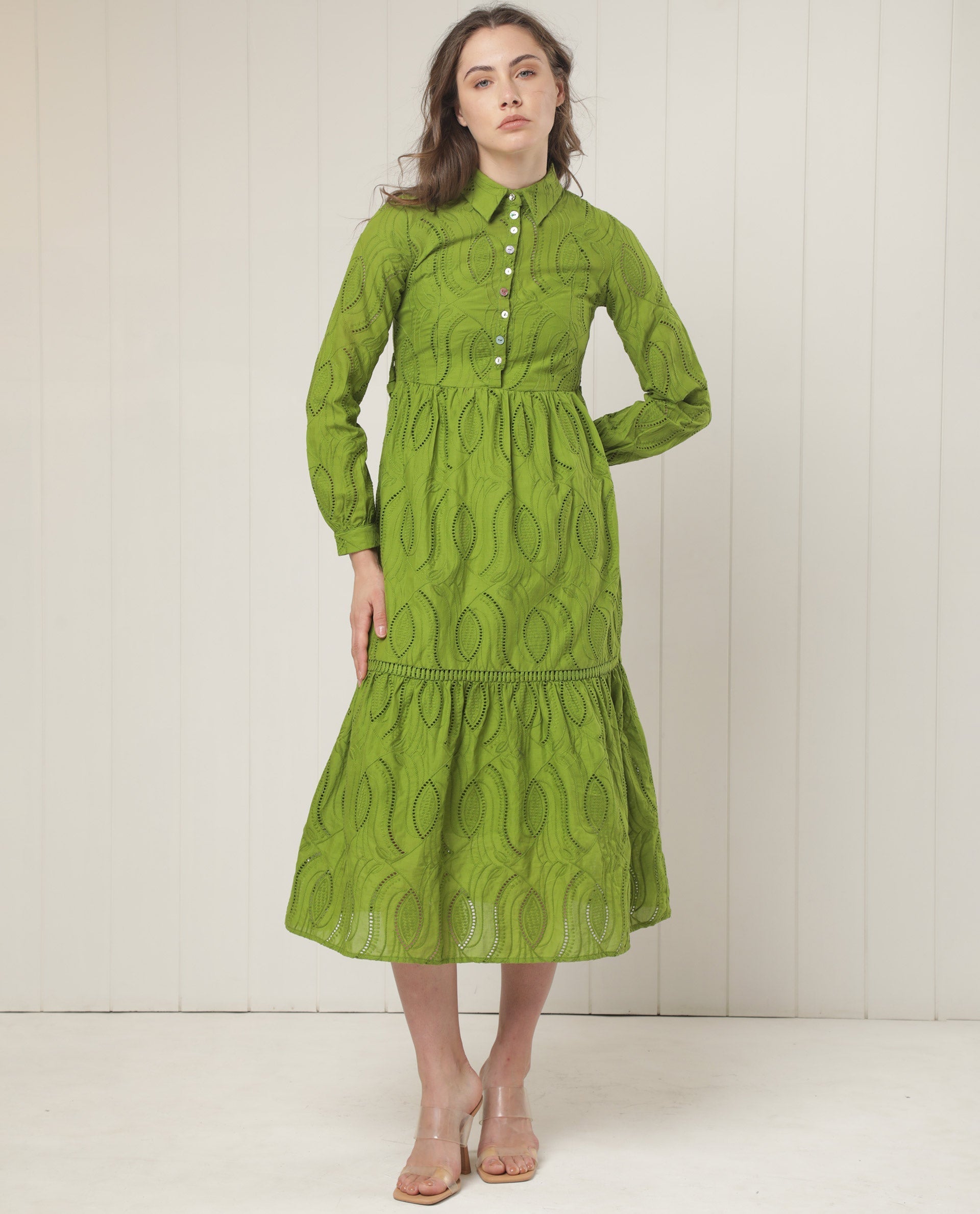 Rareism Women's Darcy Green Cotton Spread Collar Schiffli Knee Length Slim Fit Dress