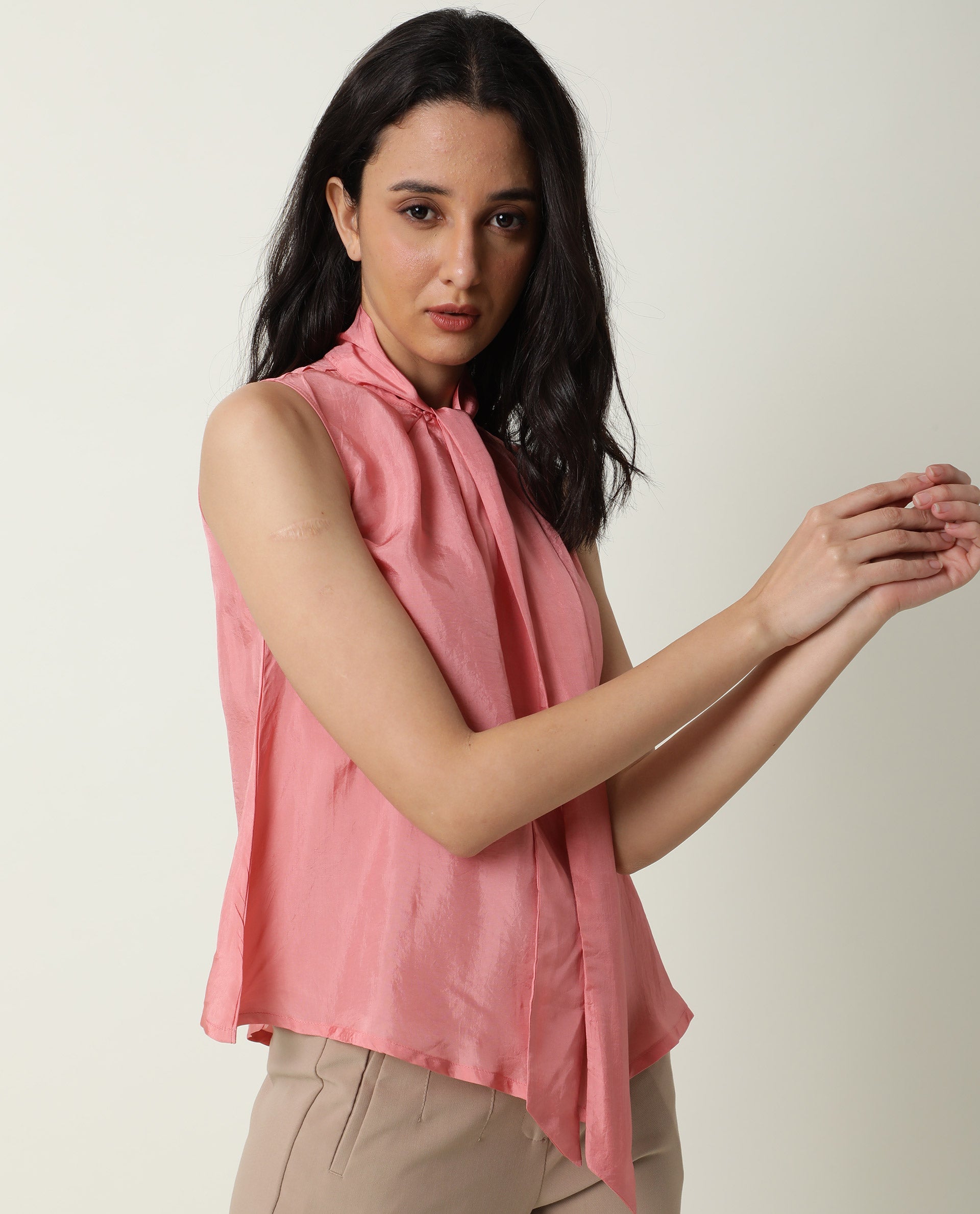 Rareism Women's Mac Pink Viscose Tie-Up Neck Plain Sleeveless Regular Fit Top