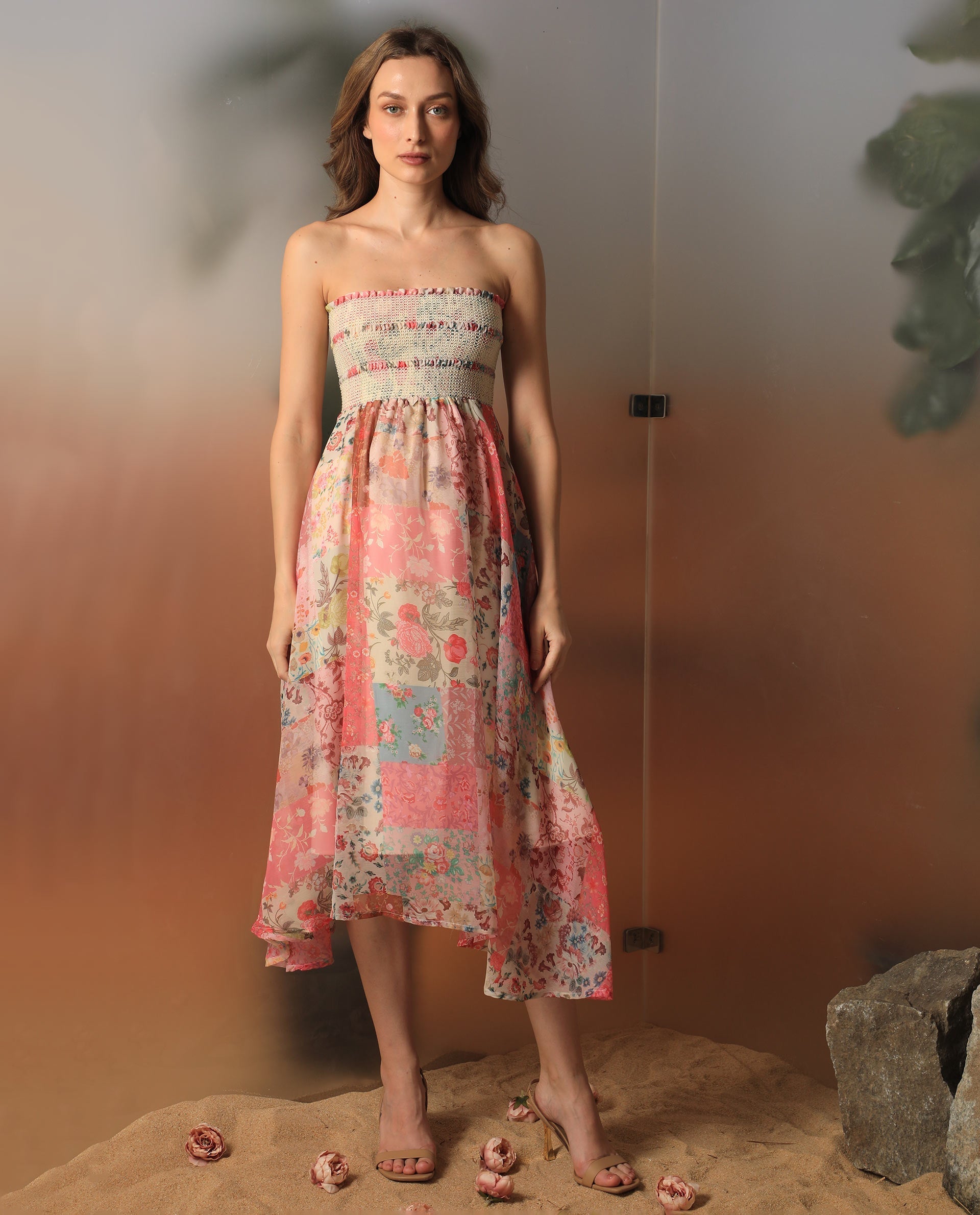 Rareism Women Louiza Multi Polyester Fabric Sleeveless Shoulder Straps Regular Fit Floral Print Knee Length Empire Dress