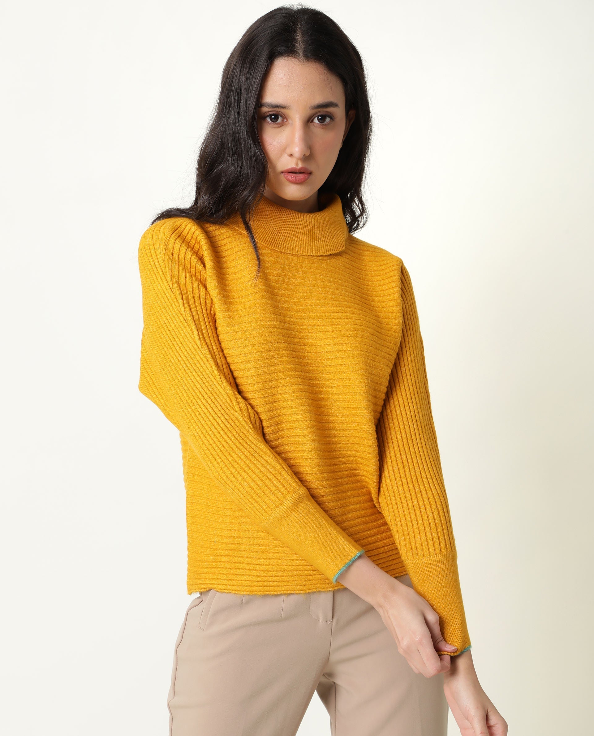 Rareism Women's Levour Mustard Acrylic Turtle Neck Plain Relaxed Fit Sweater