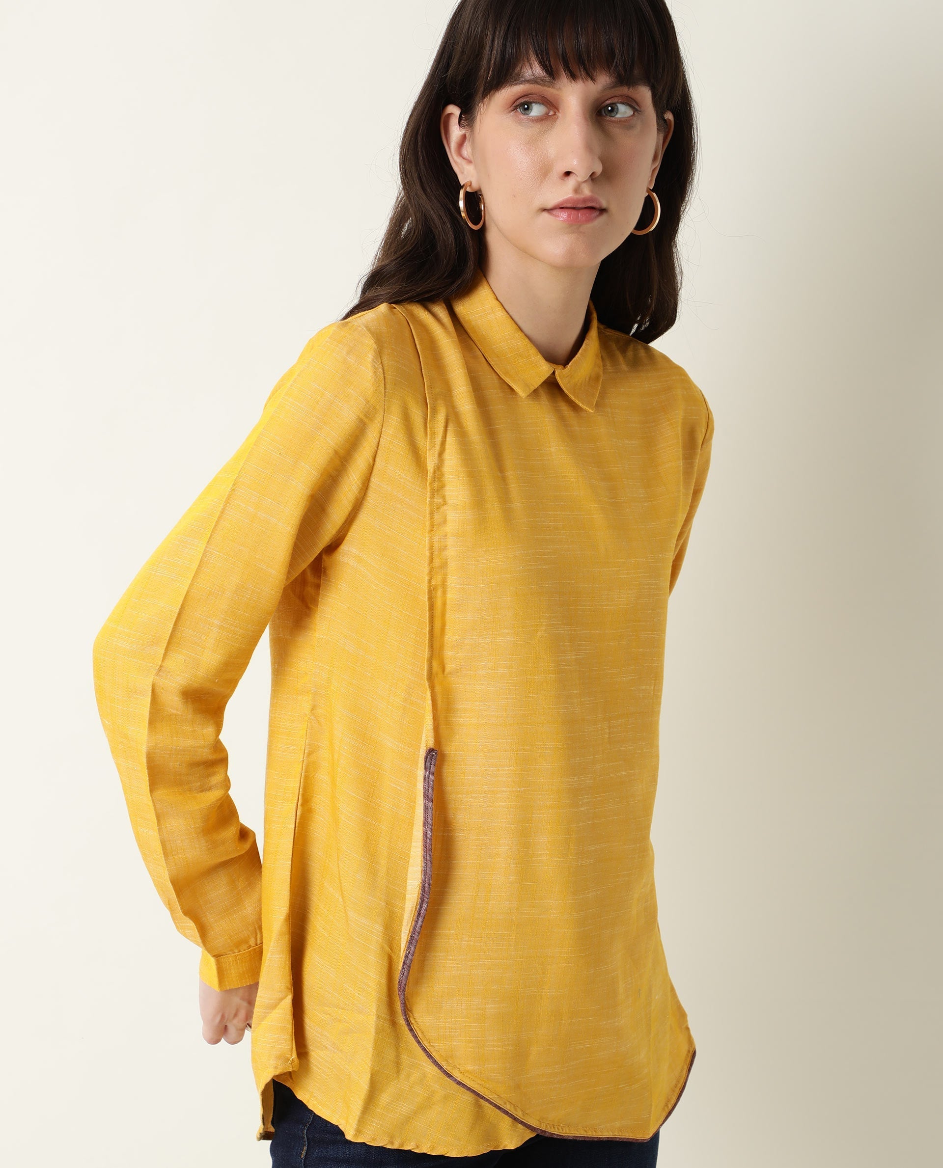 Rareism Womens Kara Yellow Top Polycotton Fabric Full Sleeves Collar Neck