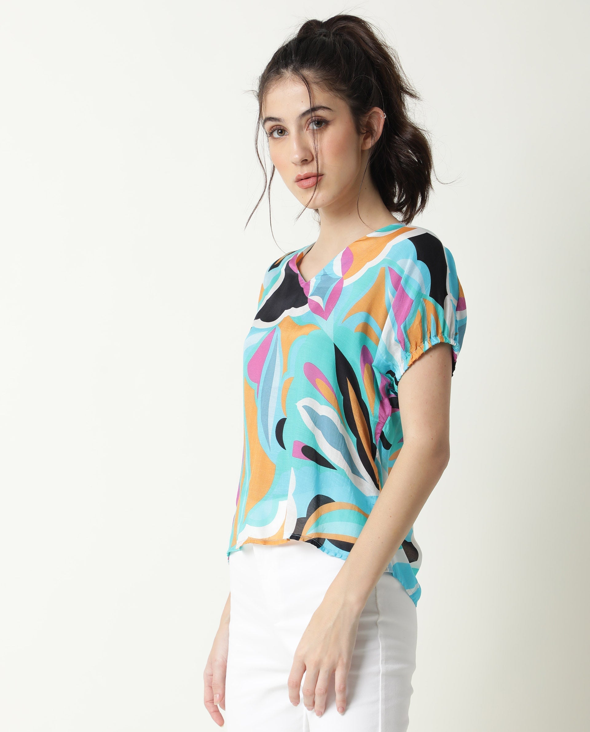 Rareism Women Maverick Multi Cotton Silk Fabric Relaxed Fit V-Neck Half Sleeves Abstract Print Top