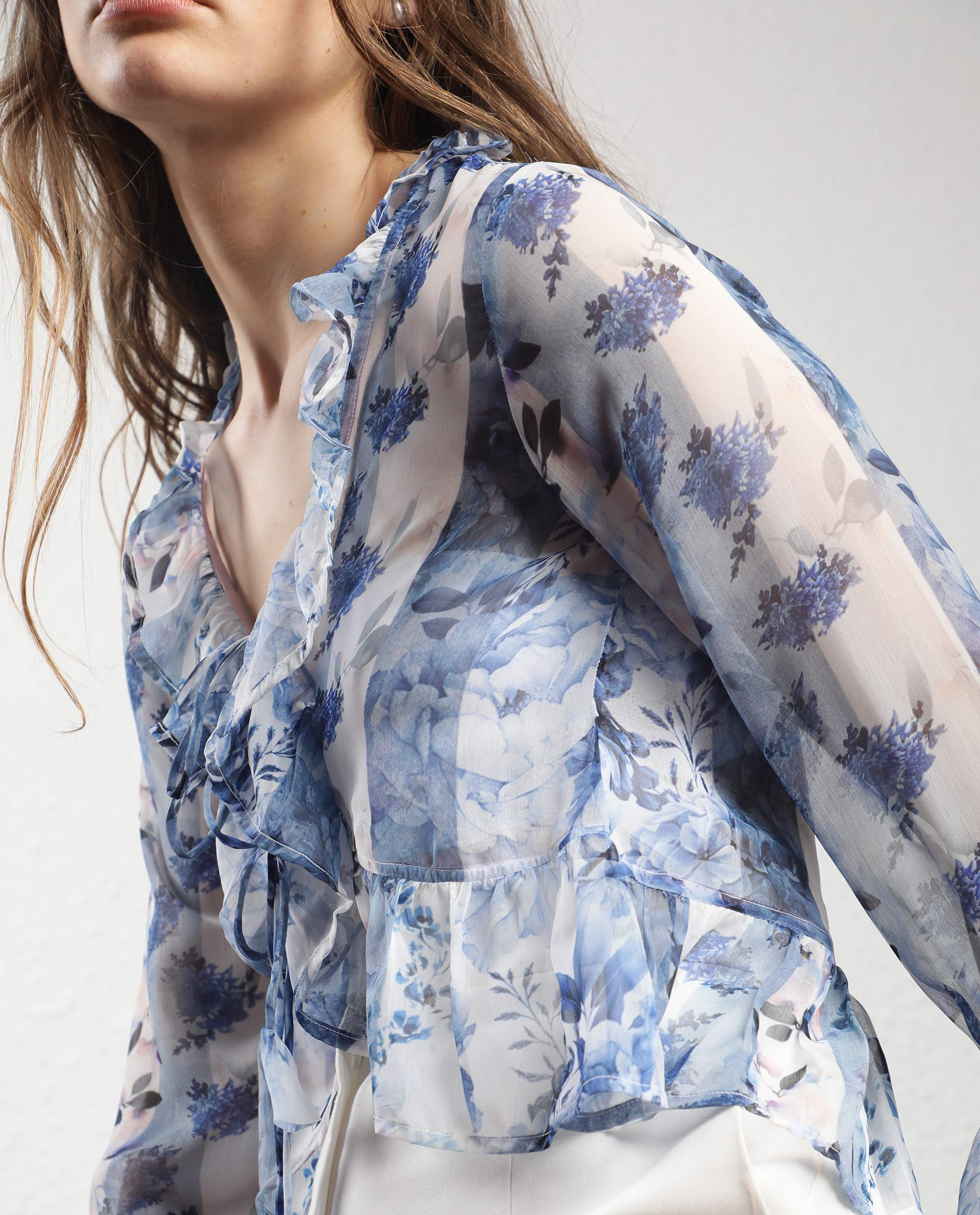 Rareism Women Julieta Light Blue Polyester Fabric Full Sleeves Drawstring Closure V-Neck Bell Sleeve Regular Fit Abstract Print Shrug