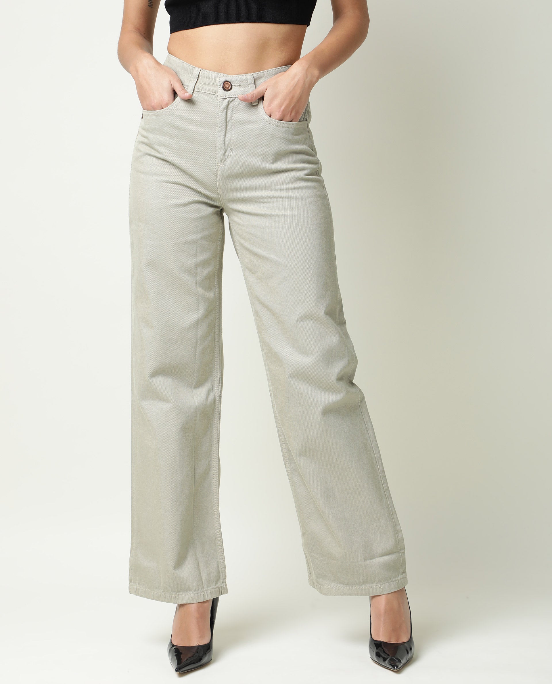 Rareism Womens Ginno Green Trouser Cotton Fabric Regular Fit Button Closure High Rise Waist Rise Ankle Length