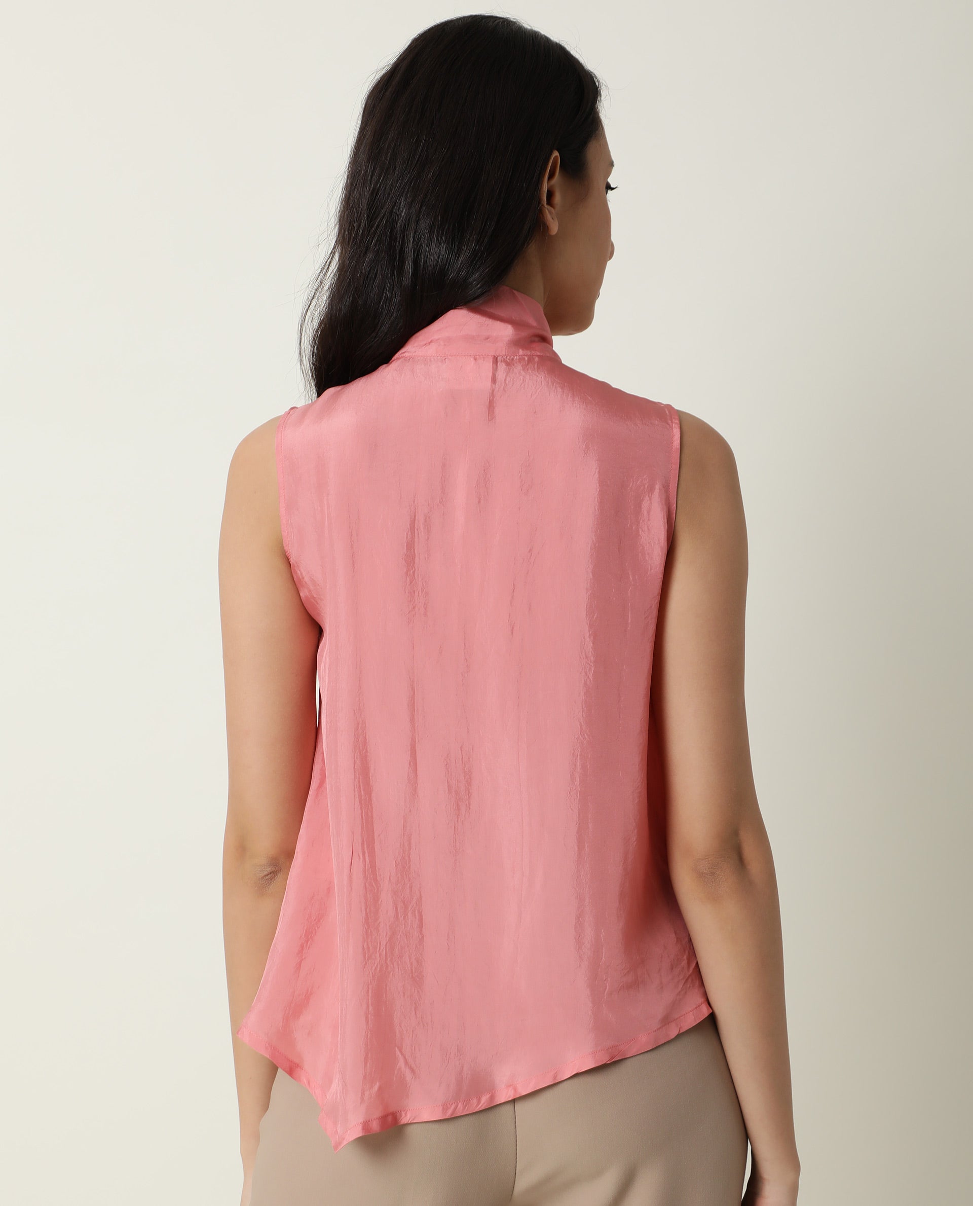 Rareism Women's Mac Pink Viscose Tie-Up Neck Plain Sleeveless Regular Fit Top