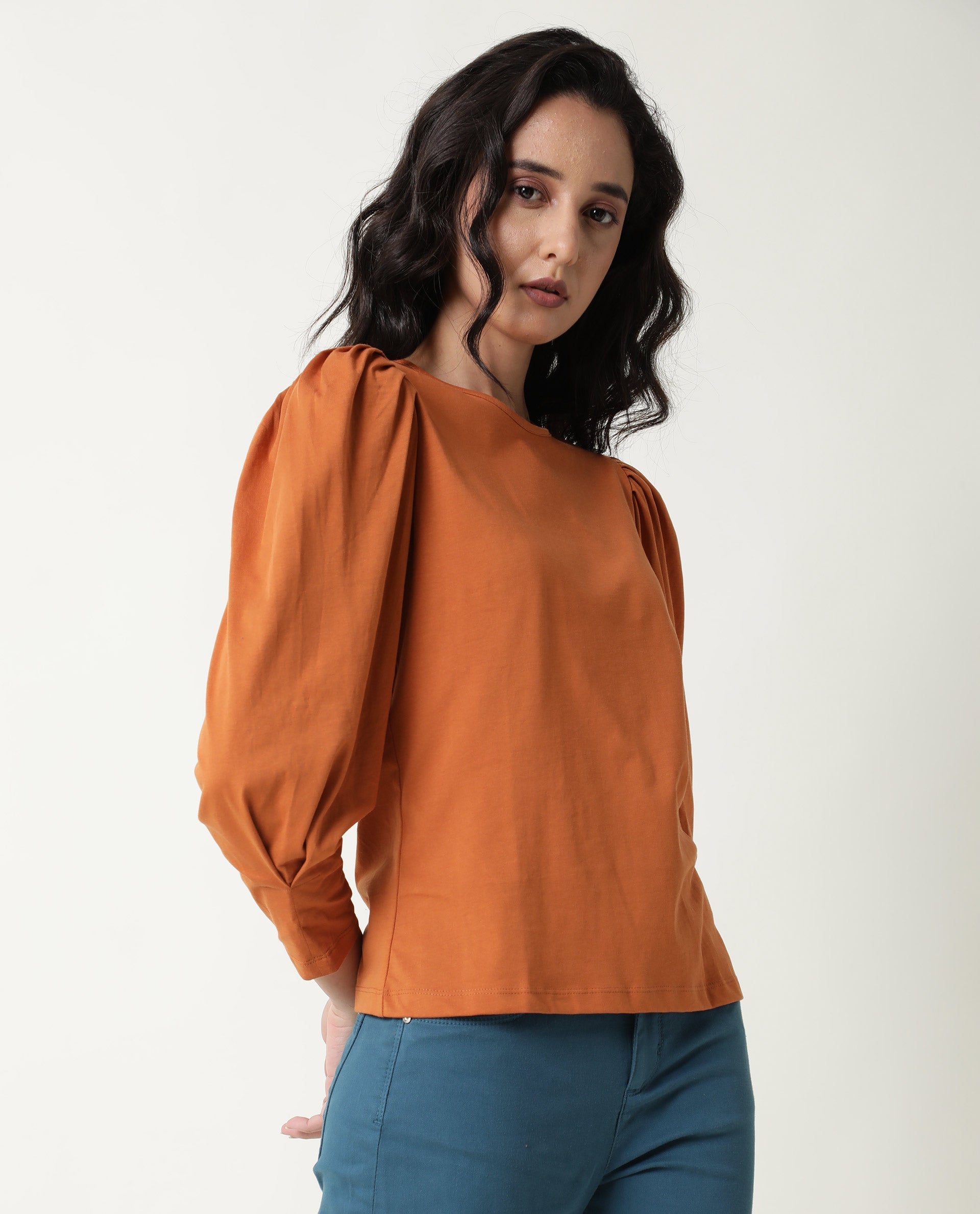 Rareism Women's Ballerina Orange Cotton Boat Neck Plain Midi Length Slim Fit Top