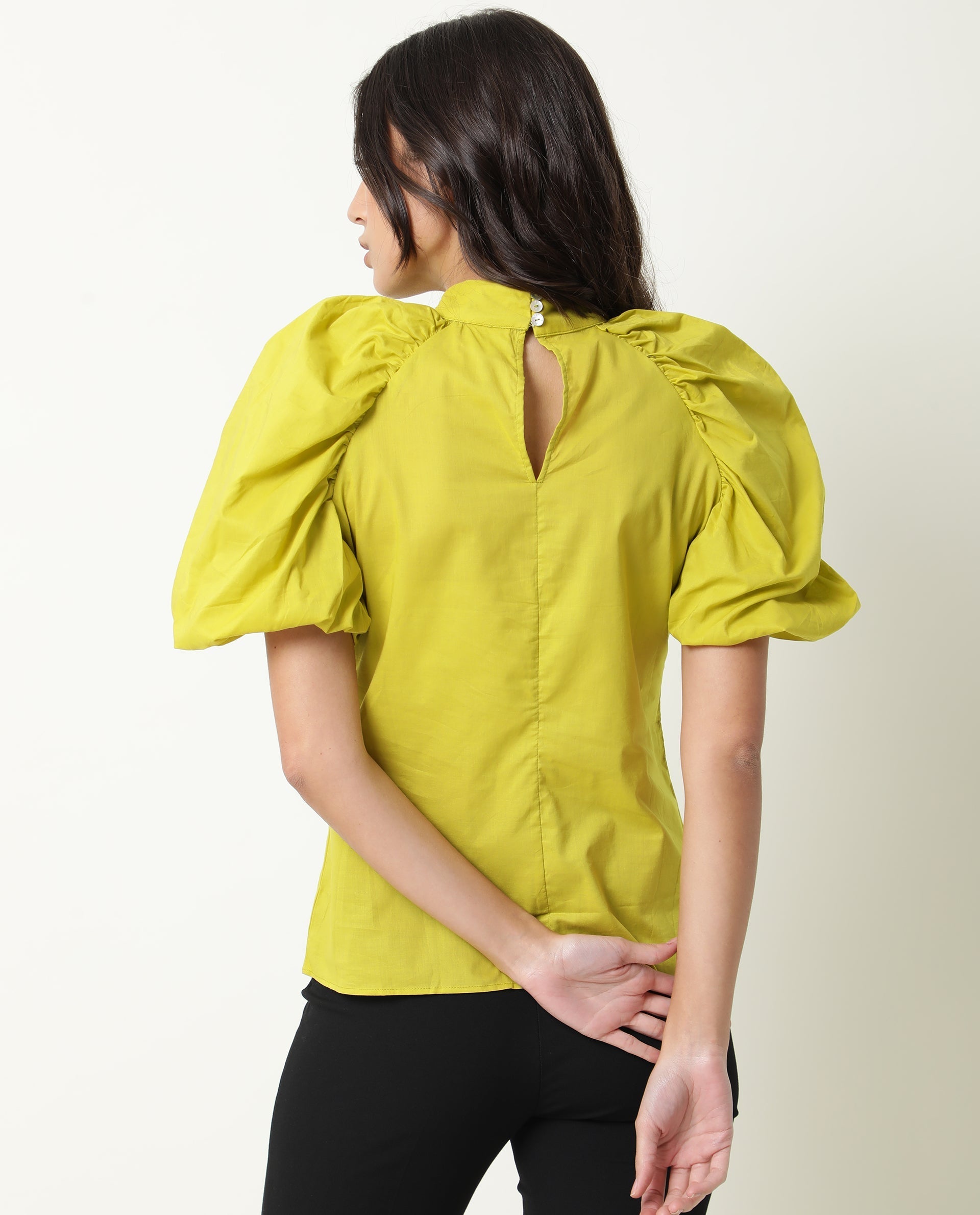 Rareism Women's Bobby Green Cotton High Neck Plain Balloon Sleeve Regular Fit Top