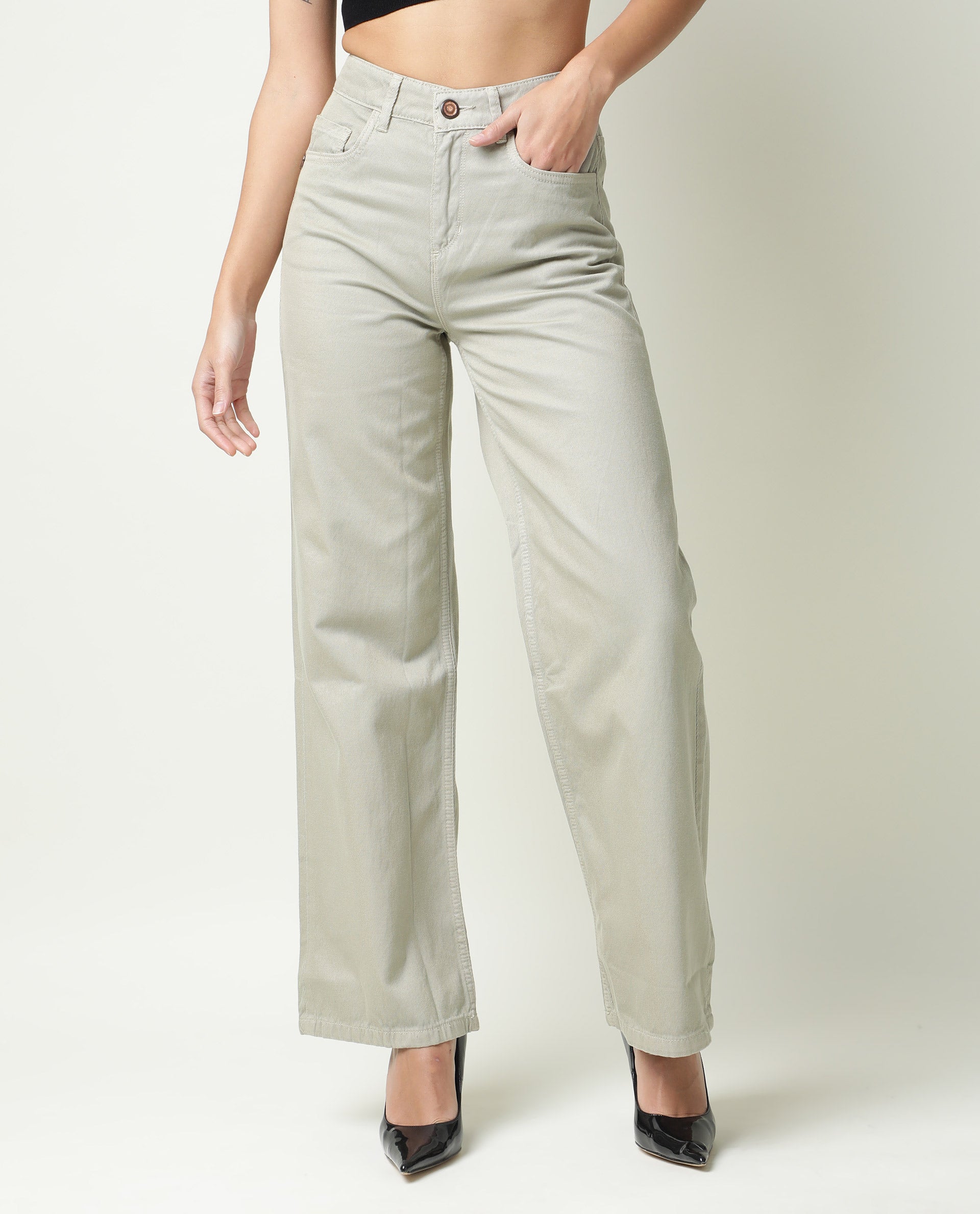 Rareism Womens Ginno Green Trouser Cotton Fabric Regular Fit Button Closure High Rise Waist Rise Ankle Length