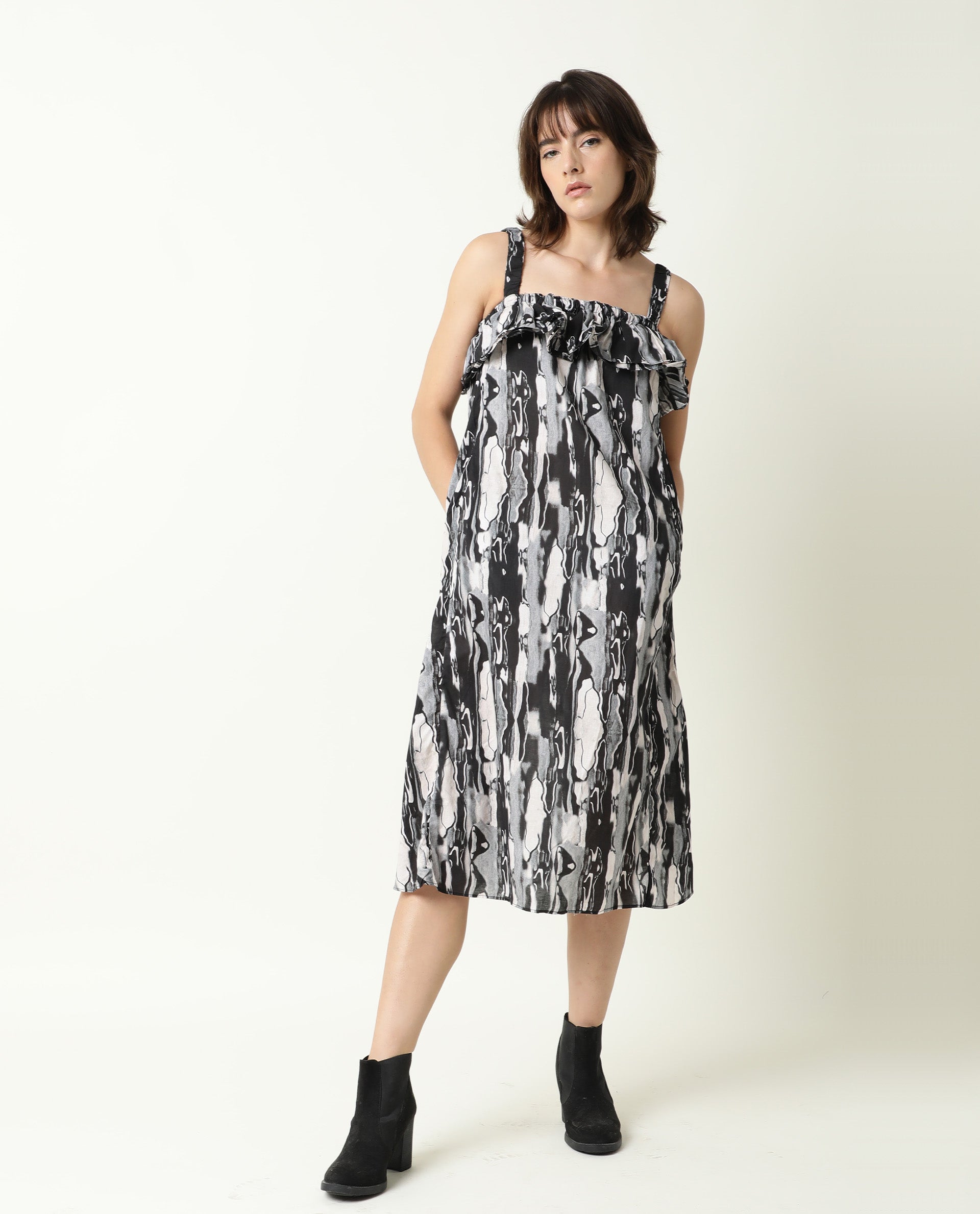 Rareism Women's Darling Black Cotton Collarless Abstract Print Shoulder Strap Knee Length Regular Fit Dress