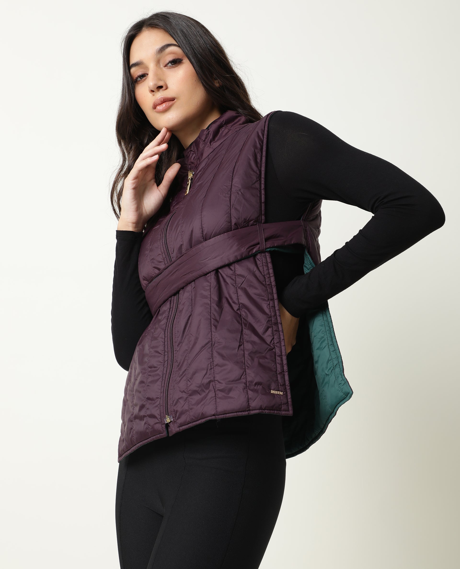Rareism Women's Aurora Green Polyester High Neck Plain Sleeveless Regular Fit Jacket
