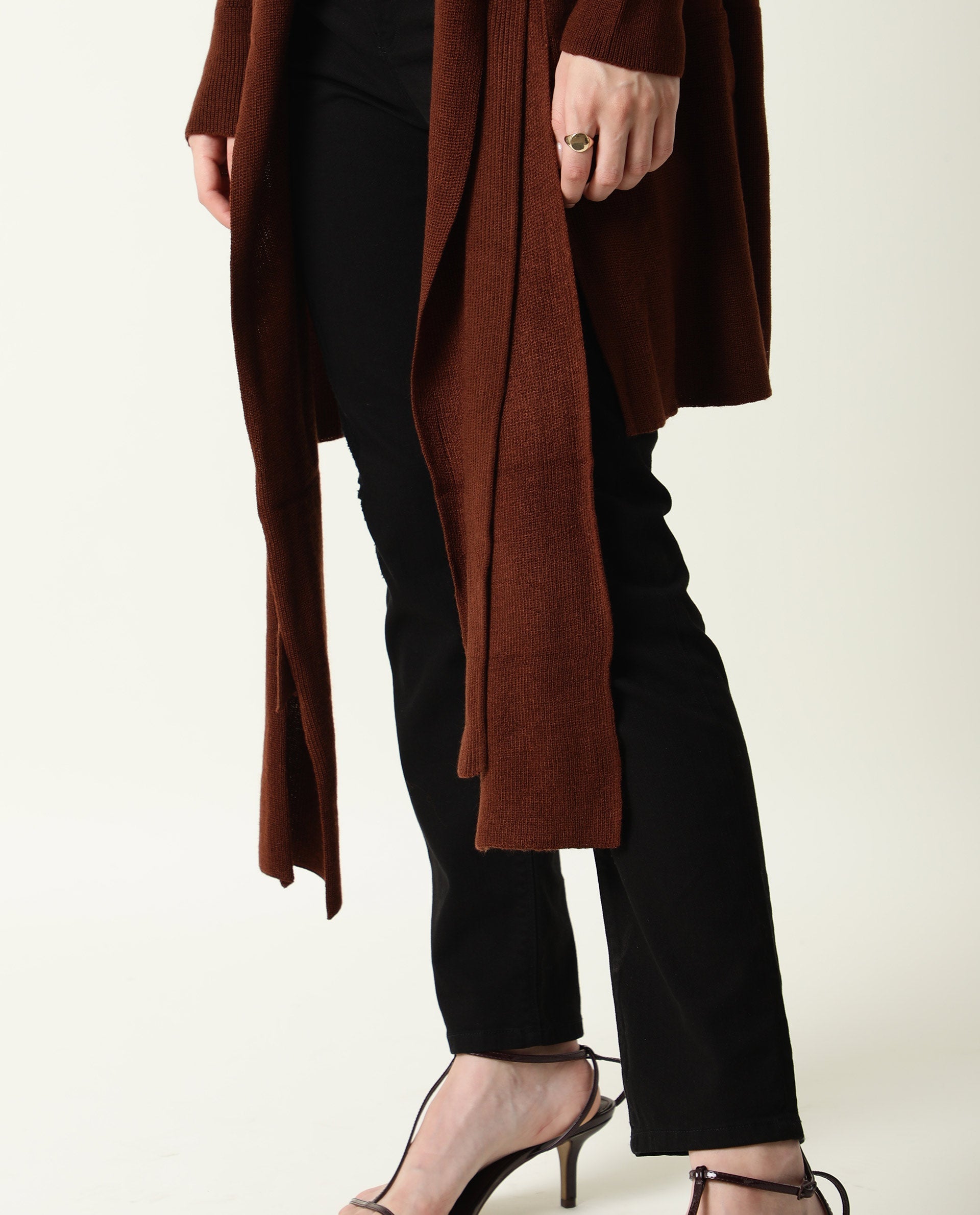 Rareism Women's Flap Brown Acrylic Collarless Plain Knee Length Regular Fit Sweater