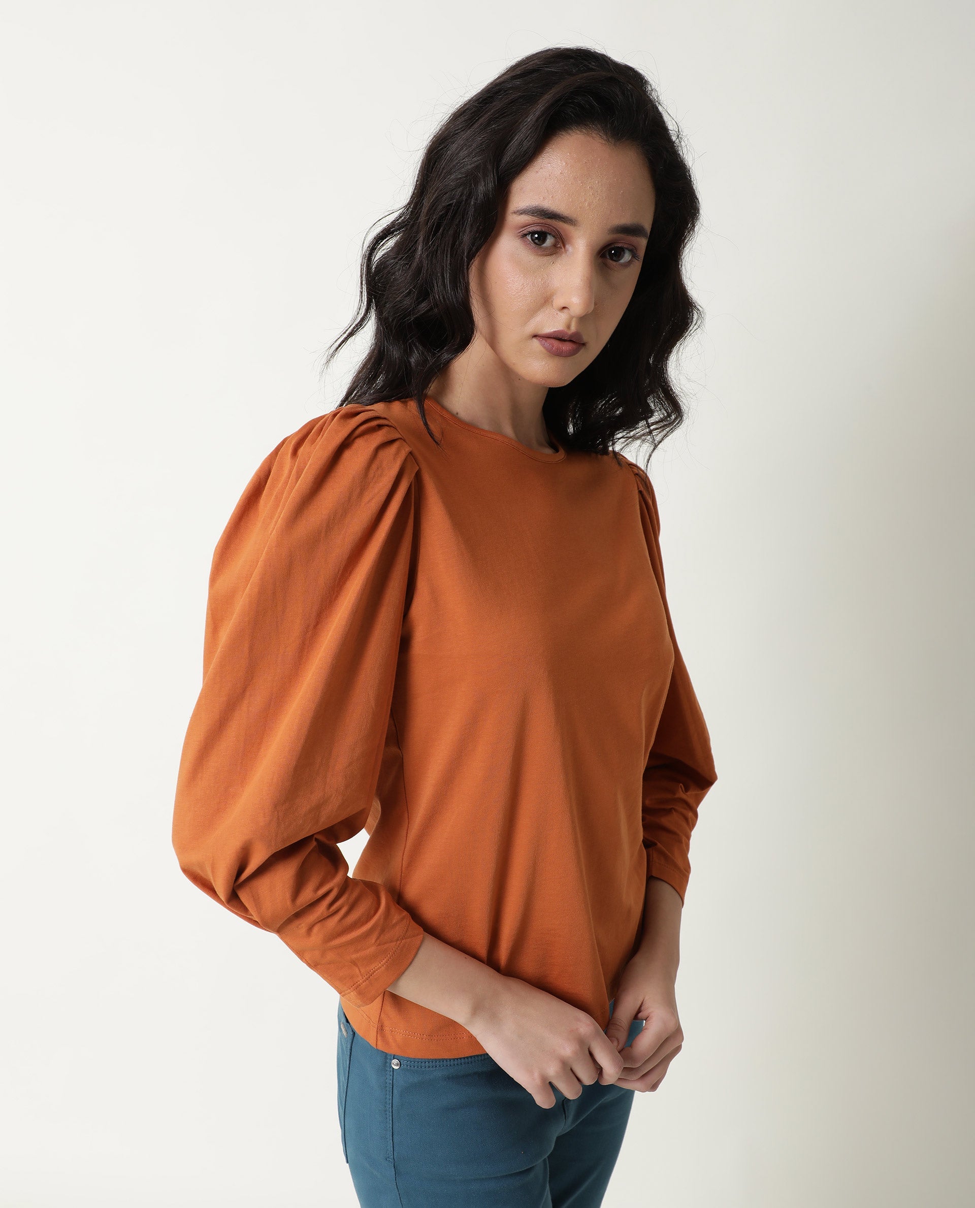 Rareism Women's Ballerina Orange Cotton Boat Neck Plain Midi Length Slim Fit Top
