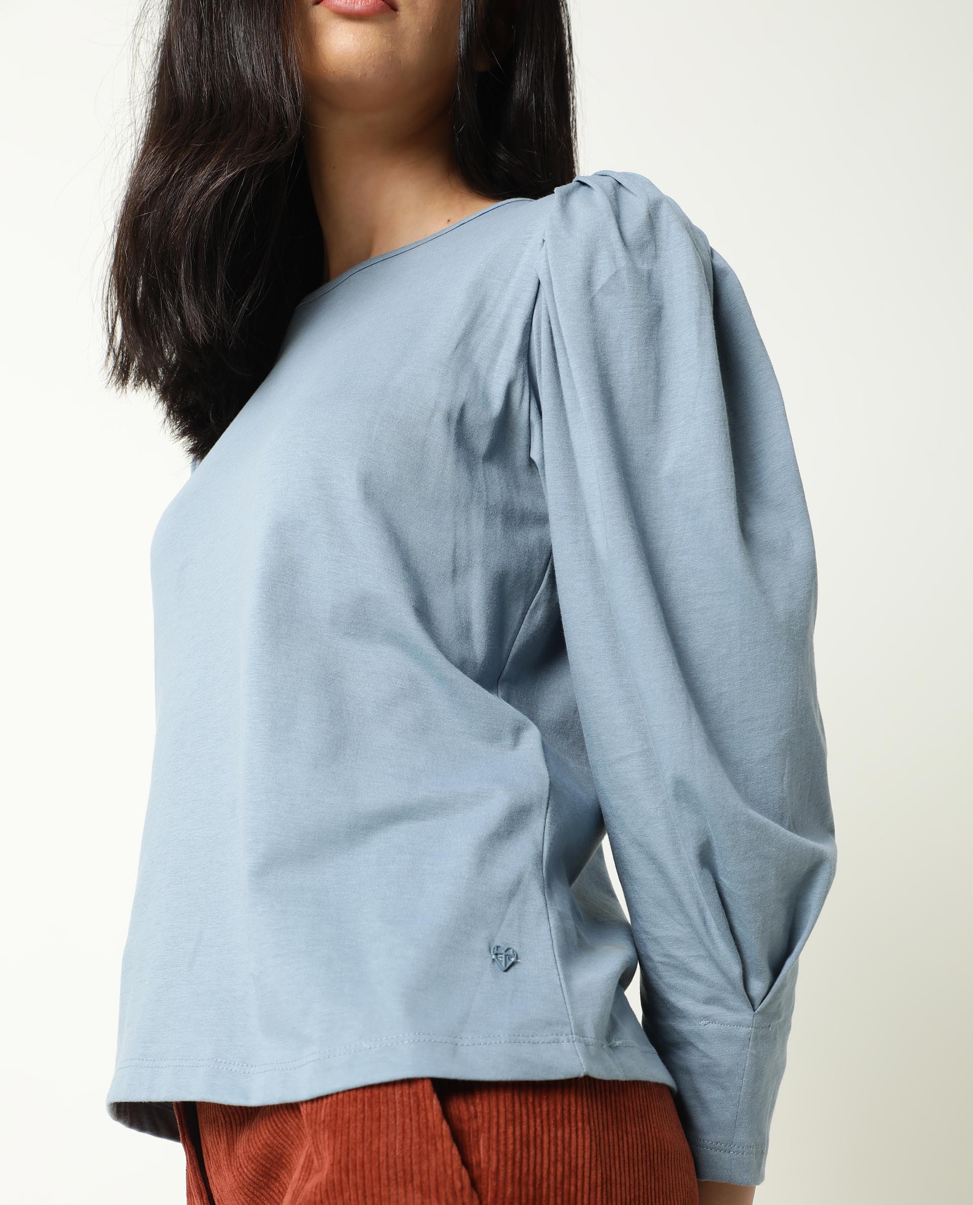Rareism Women's Ballerina Blue Cotton Boat Neck Plain Knee Length Regular Fit Top