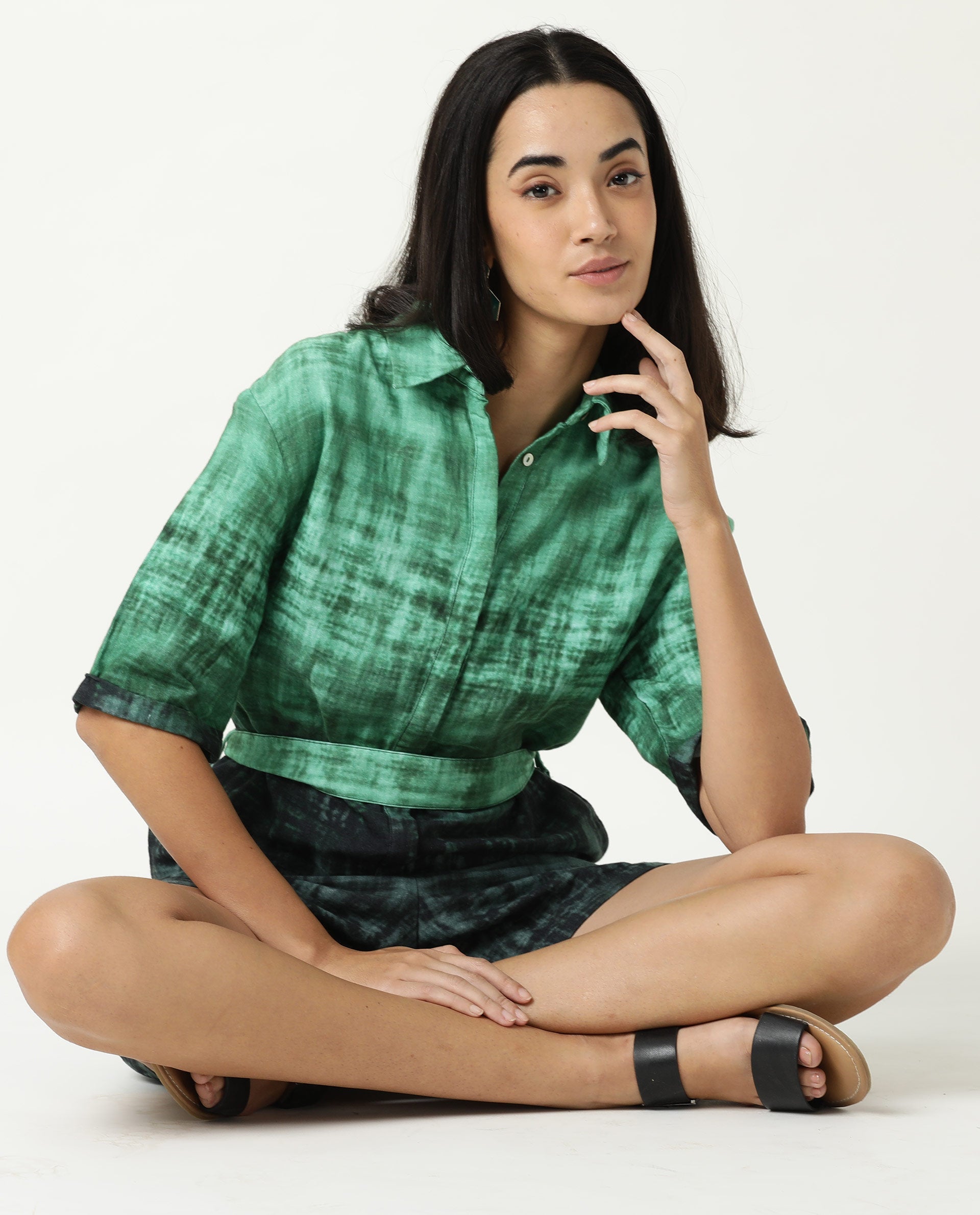 Rareism Womens Grizzle Green Top Cotton Fabric Regular Fit Half Sleeve Collared Neck