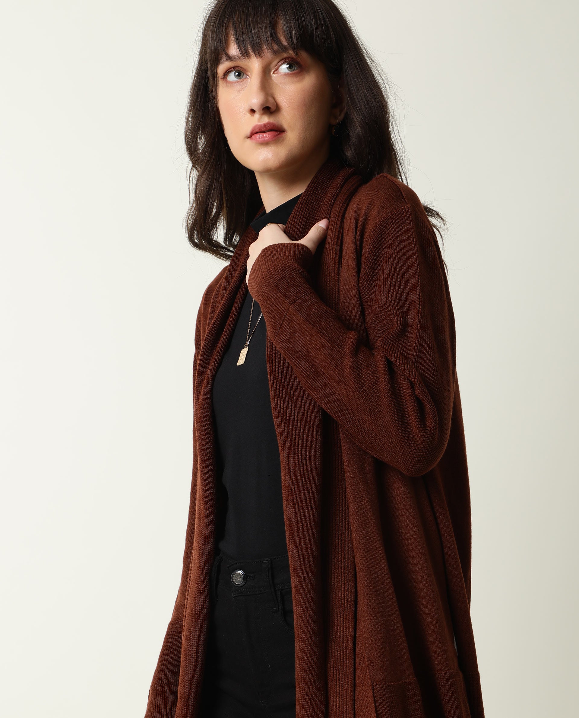 Rareism Women's Flap Brown Acrylic Collarless Plain Knee Length Regular Fit Sweater