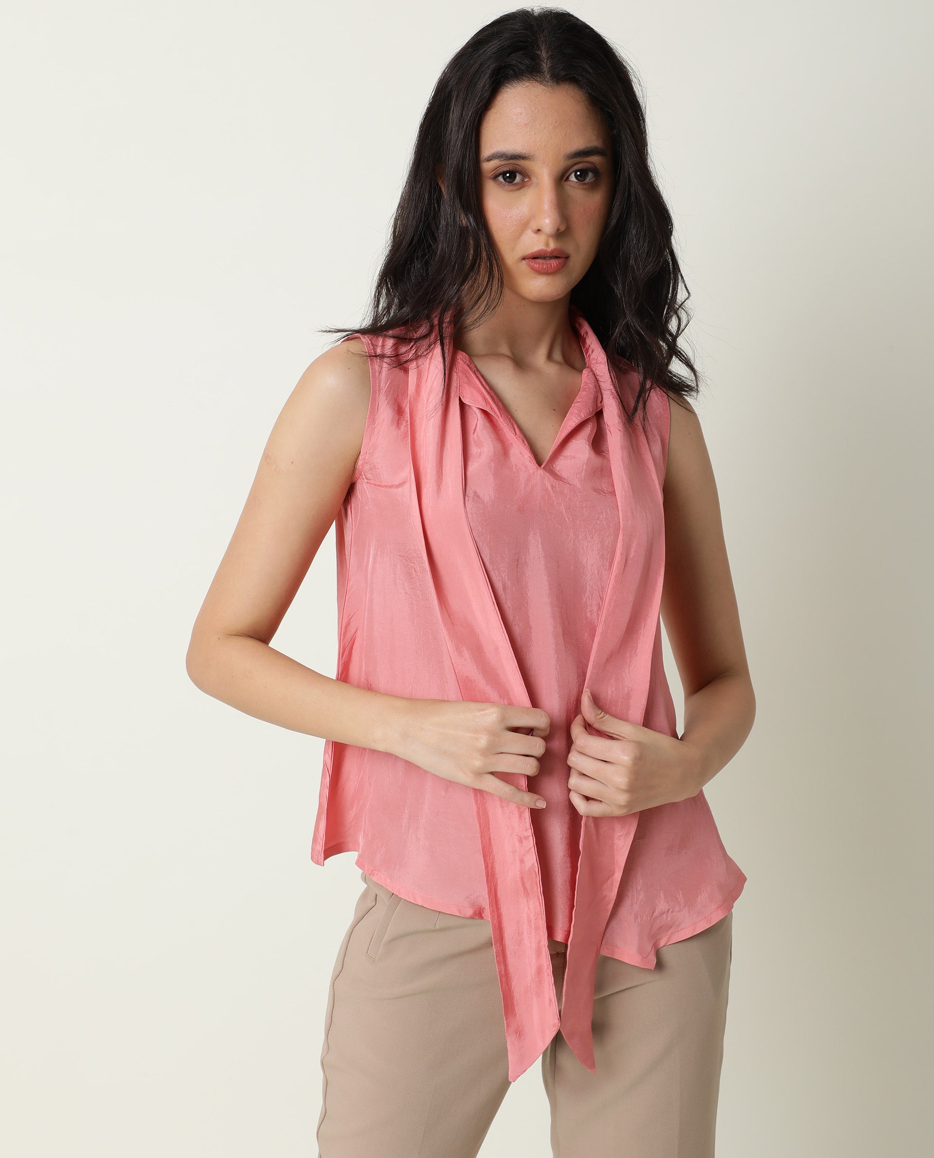 Rareism Women's Mac Pink Viscose Tie-Up Neck Plain Sleeveless Regular Fit Top
