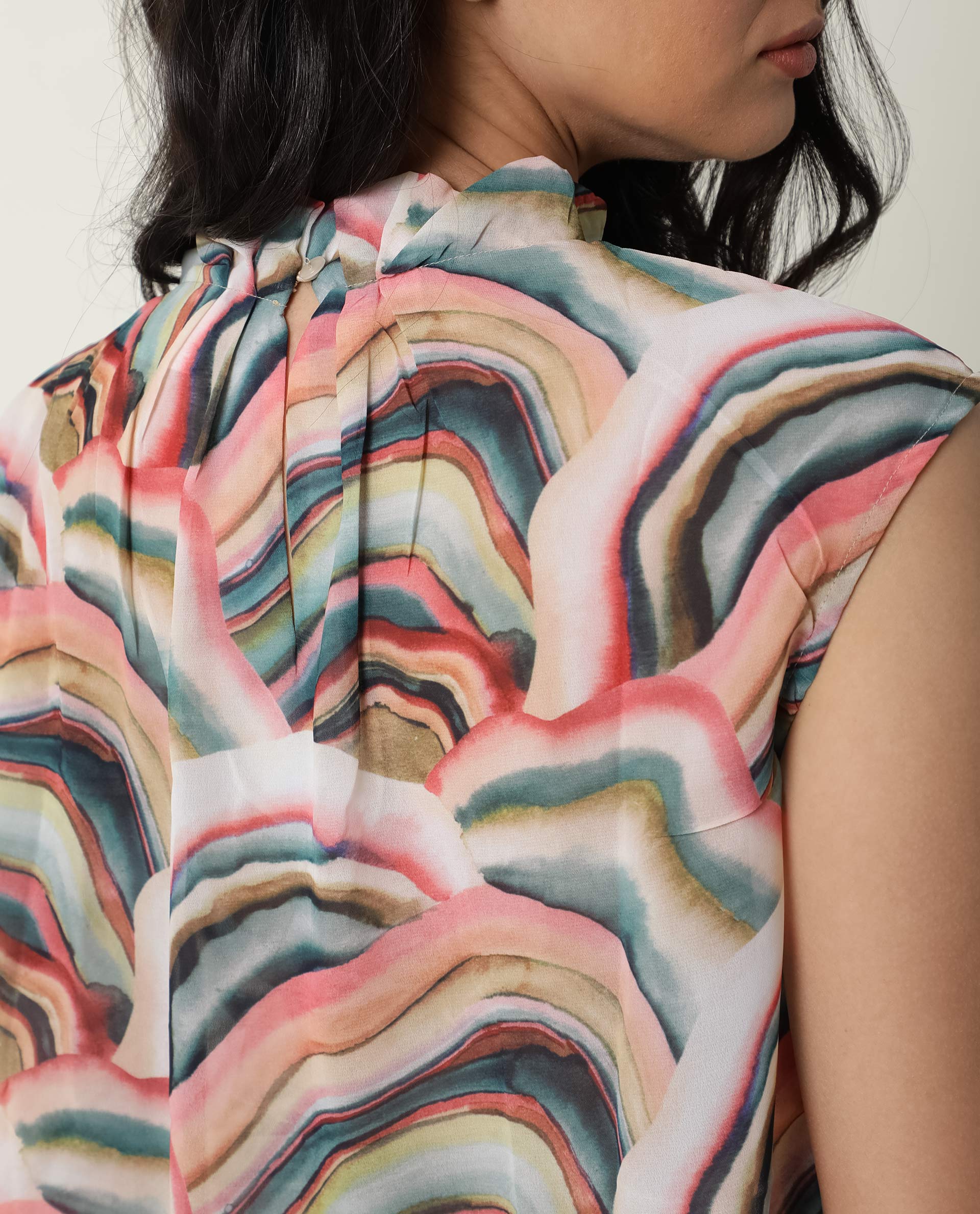 Rareism Women Colette Multi Polyester Fabric Regular Fit High Neck Sleeveless Abstract Print Top