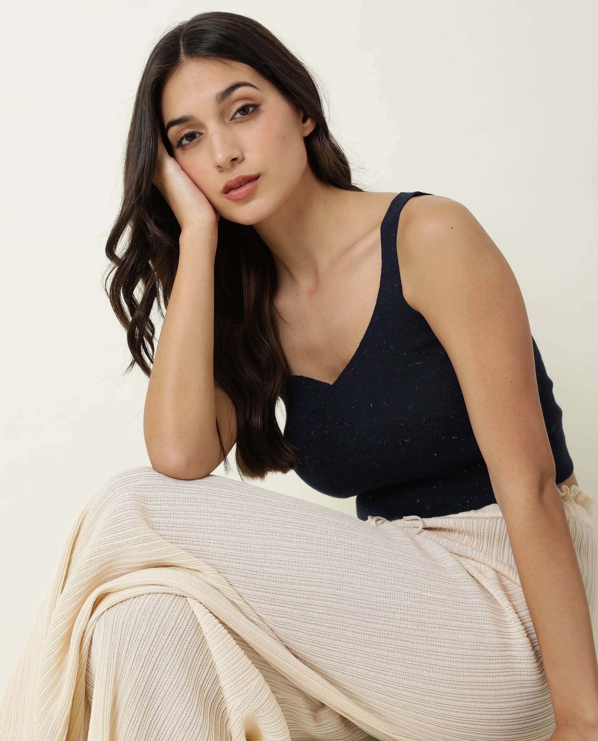 Rareism Women's Flee Navy Cotton V-Neck Plain Sleeveless Crop Regular Fit Sweater