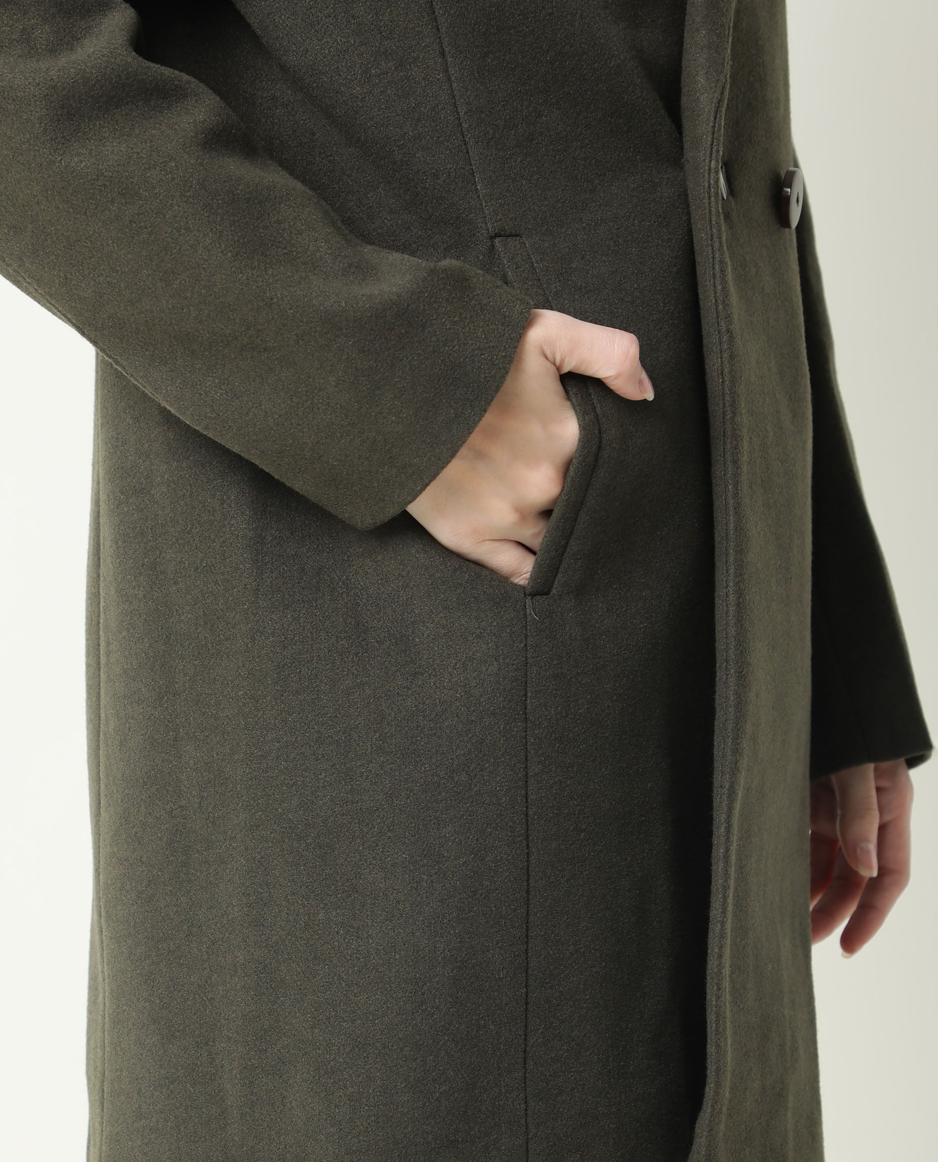 Rareism Women Avon Olive Polyester Fabric Full Sleeves Solid Lapel Neck Jacket