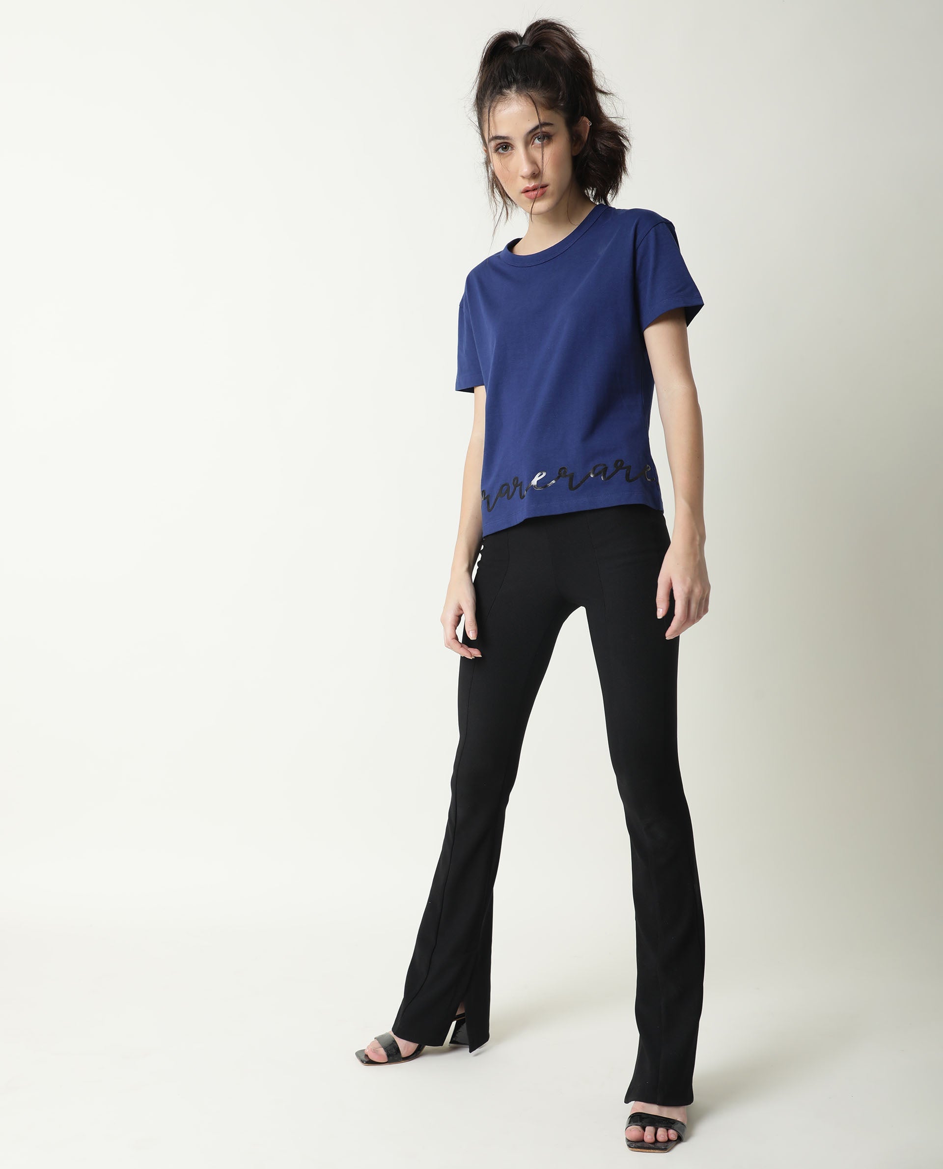 Rareism Women Ruthi Navy Cotton Fabric Regular Fit Half Sleeves Graphic Print Crew Neck T-Shirt