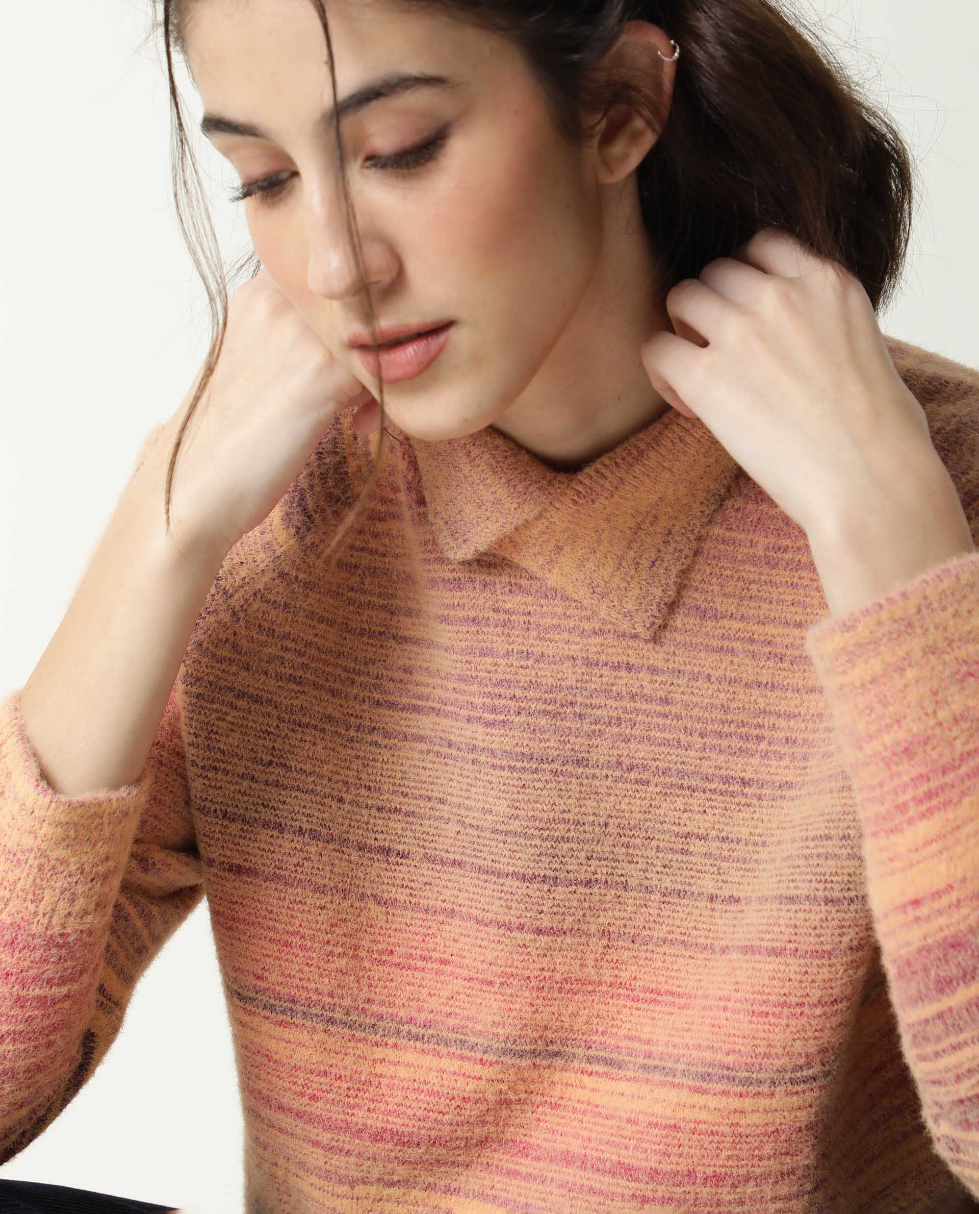 Rareism Women Rosalva Pink Nylon Fabric Full Sleeves Knee Length Regular Fit Ombre High Neck Sweater