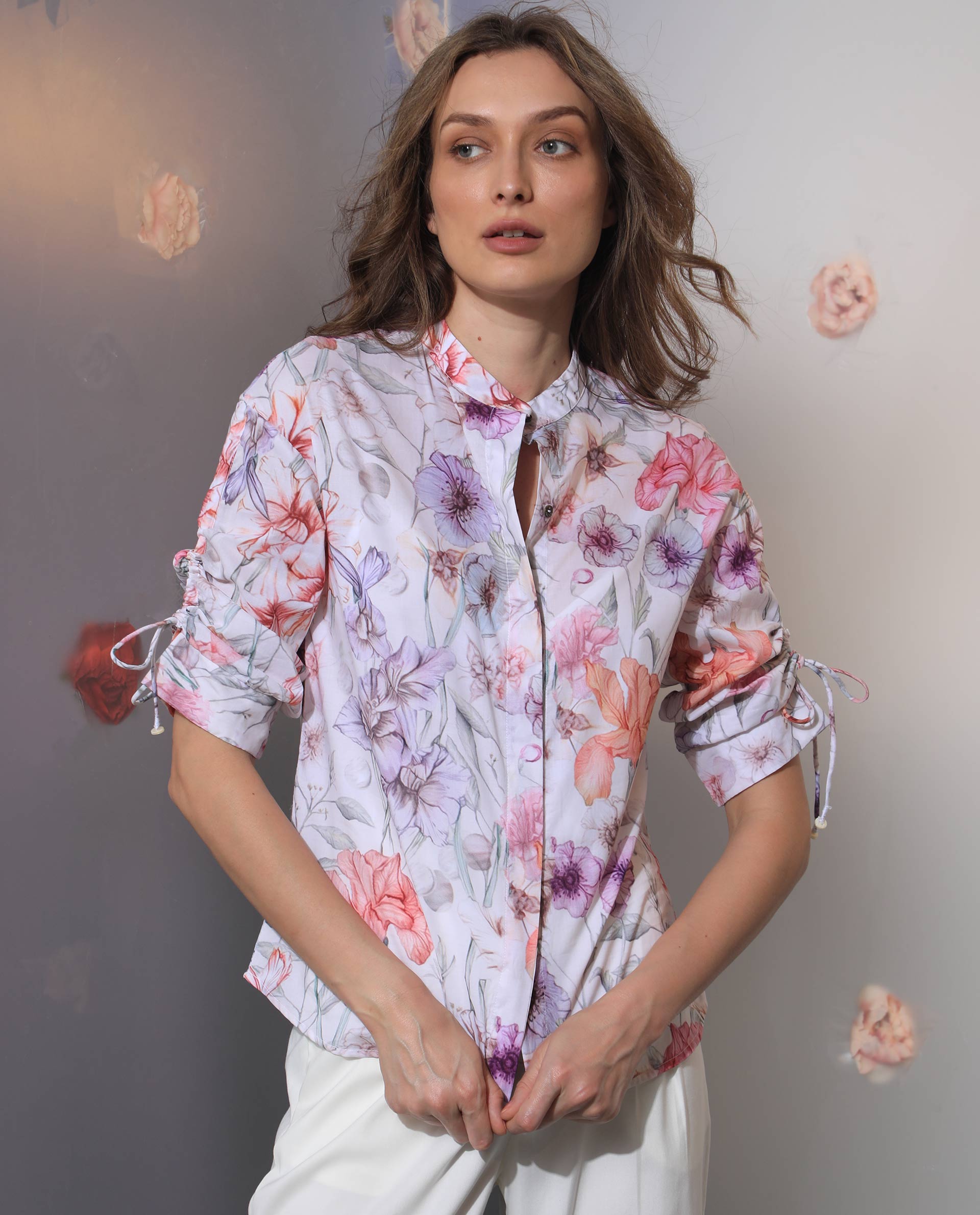 Rareism Women's Roxy Multi Cotton Mandarin Collar Floral Print Regular Fit Top