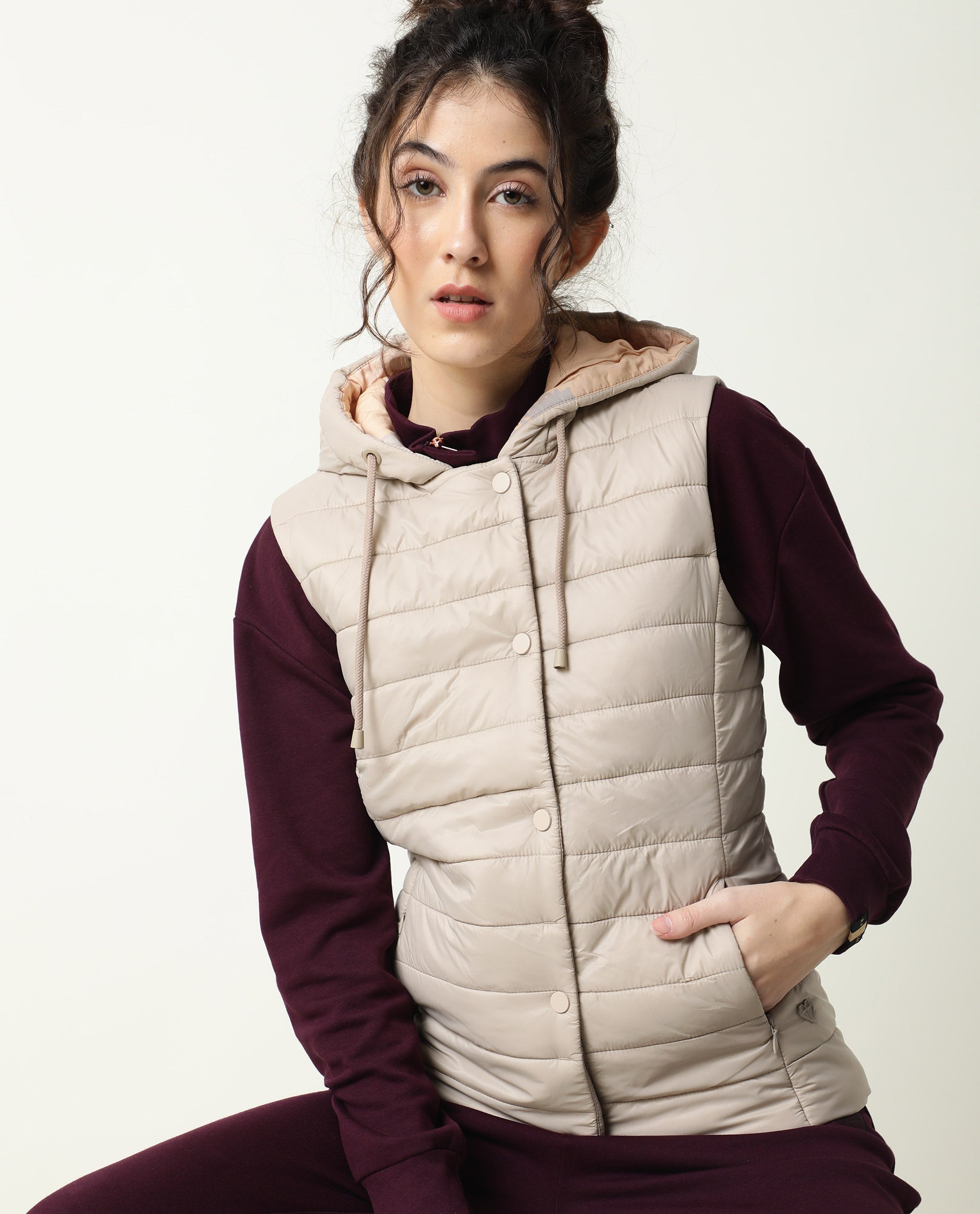 Rareism Women Troop Beige Sleeveless Solid Hooded Jacket