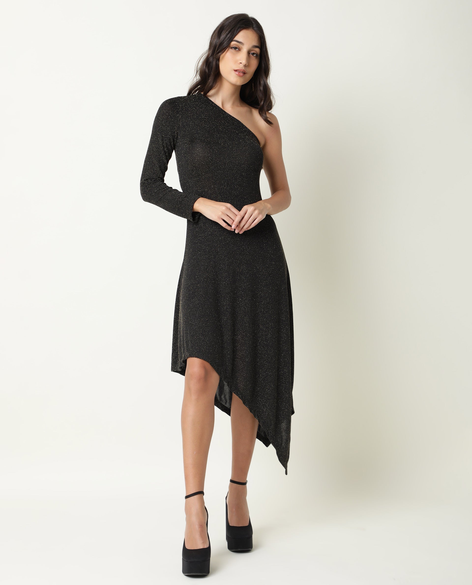 Rareism Women's Lelani Black Tube Neck Plain Knee Length Tailored Dress
