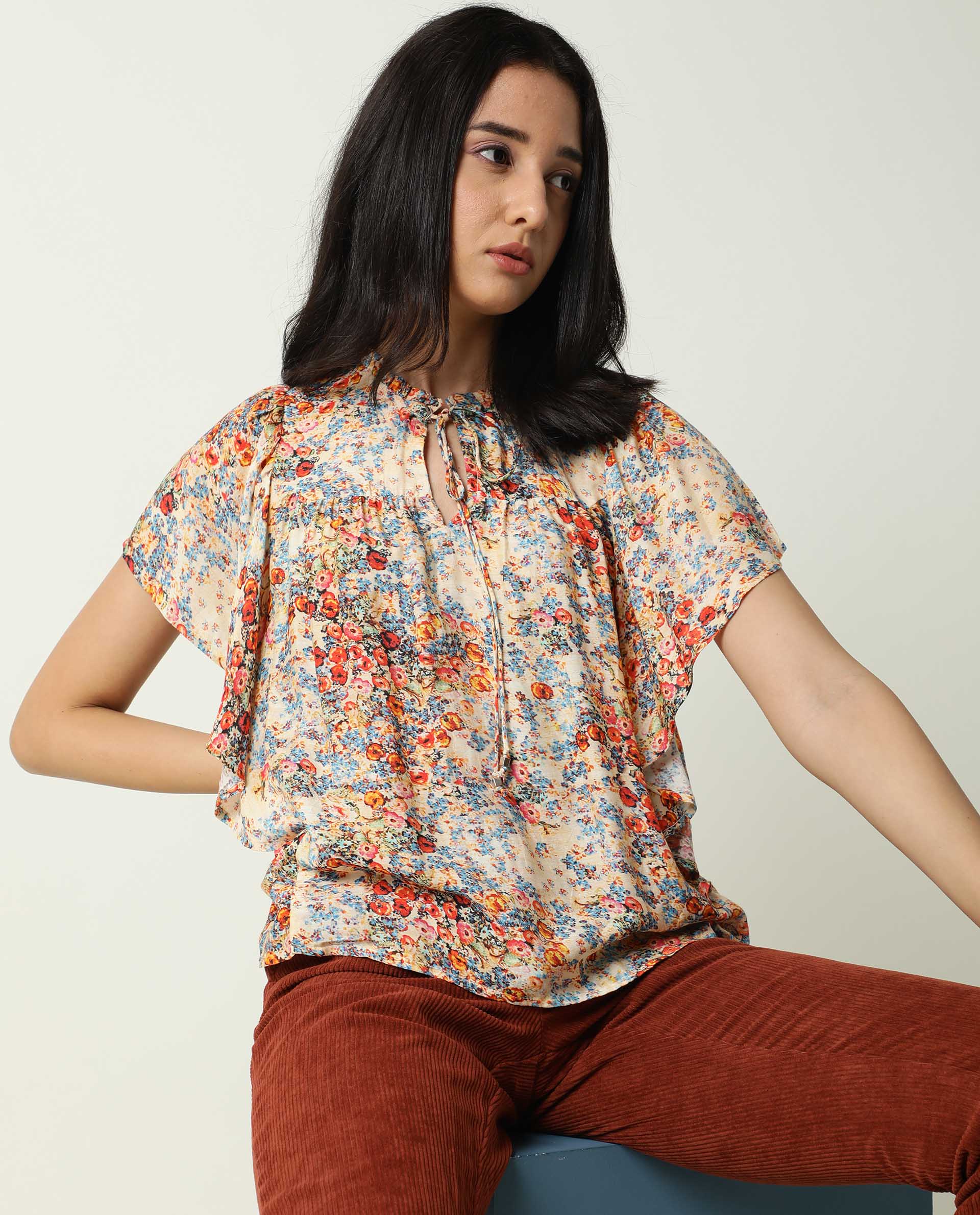 Rareism Women's Nigel Offwhite Cotton Blend Tie-Up Neck Floral Print Ruffled Sleeve Relaxed Fit Top