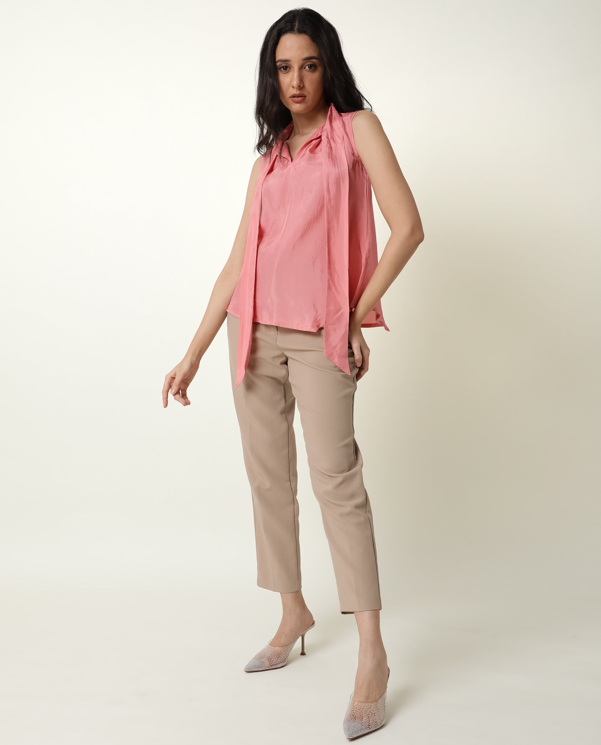 Rareism Women's Mac Pink Viscose Tie-Up Neck Plain Sleeveless Regular Fit Top