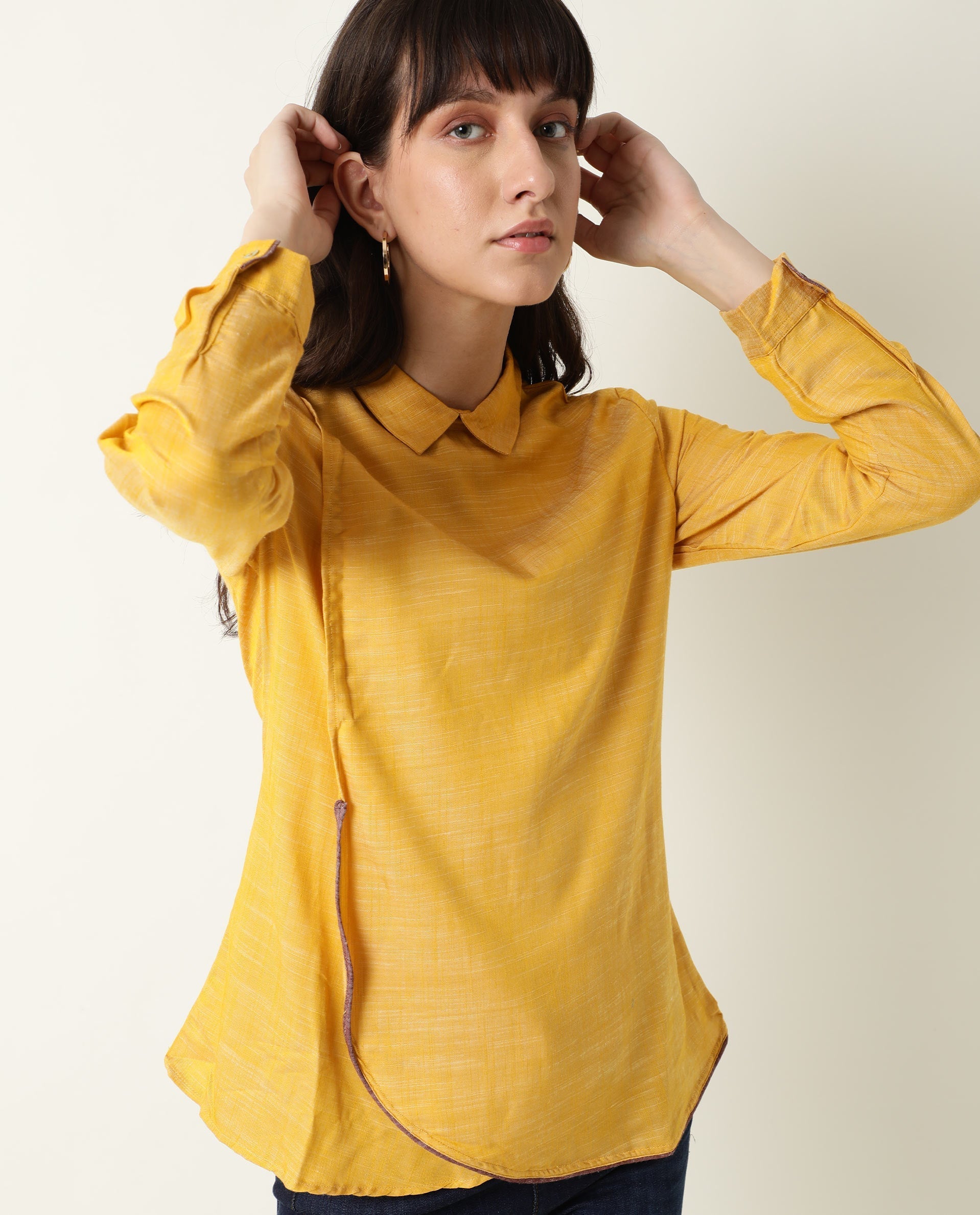 Rareism Womens Kara Yellow Top Polycotton Fabric Full Sleeves Collar Neck
