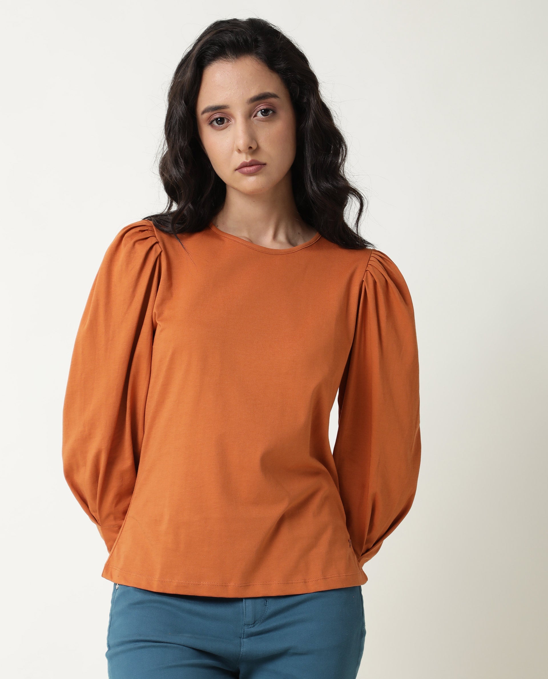Rareism Women's Ballerina Orange Cotton Boat Neck Plain Midi Length Slim Fit Top