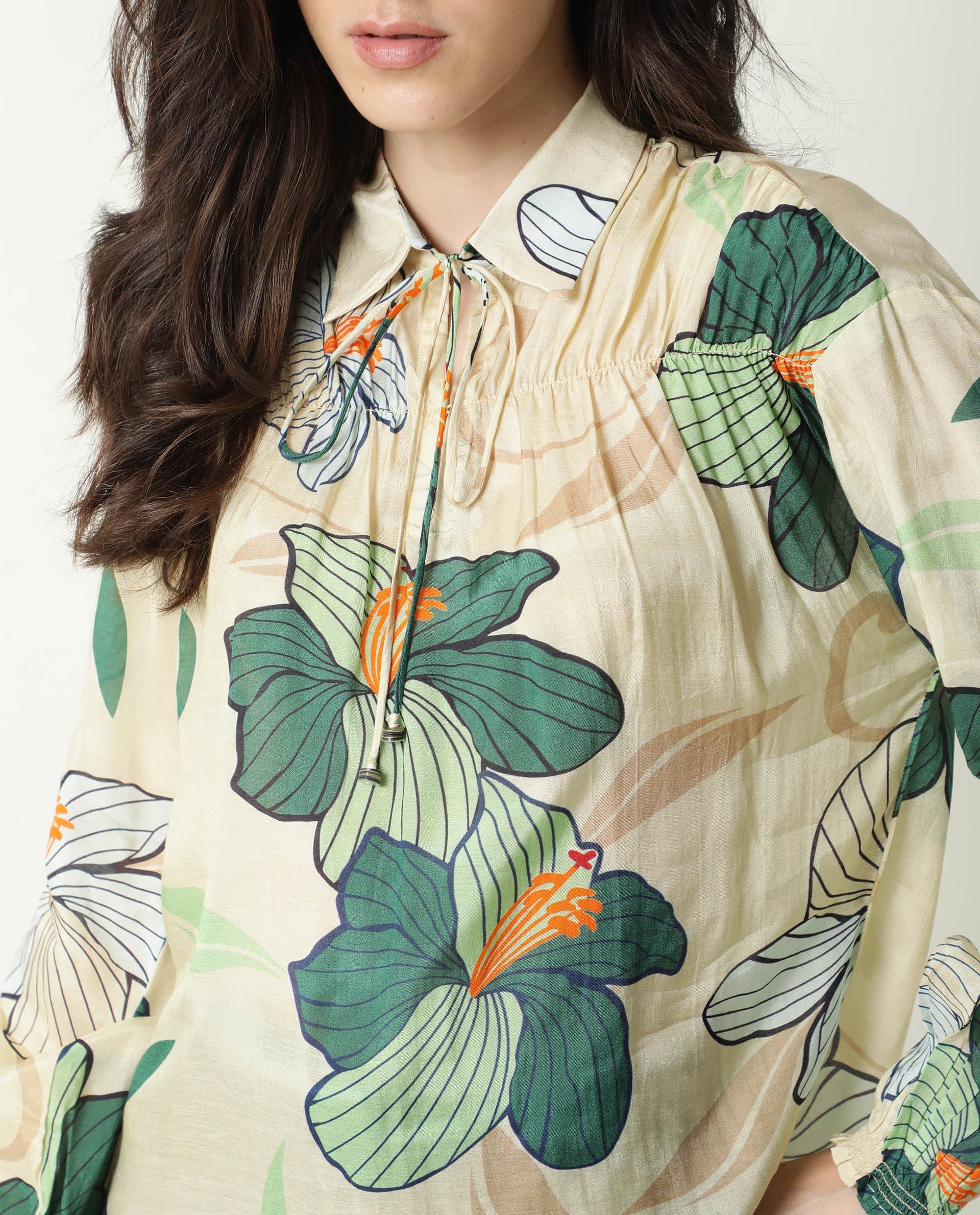 Rareism Womens Kalina Off White Top Cotton Silk Fabric Full Sleeve Key Hole Neck