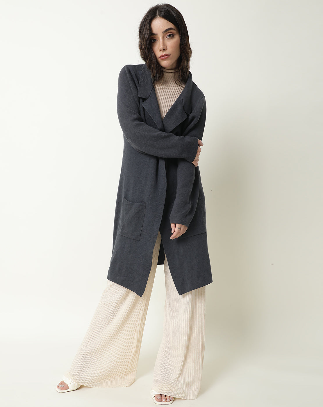 Rareism Women's Trident Grey Cotton Lapel Neck Plain Knee Length Regular Fit Sweater