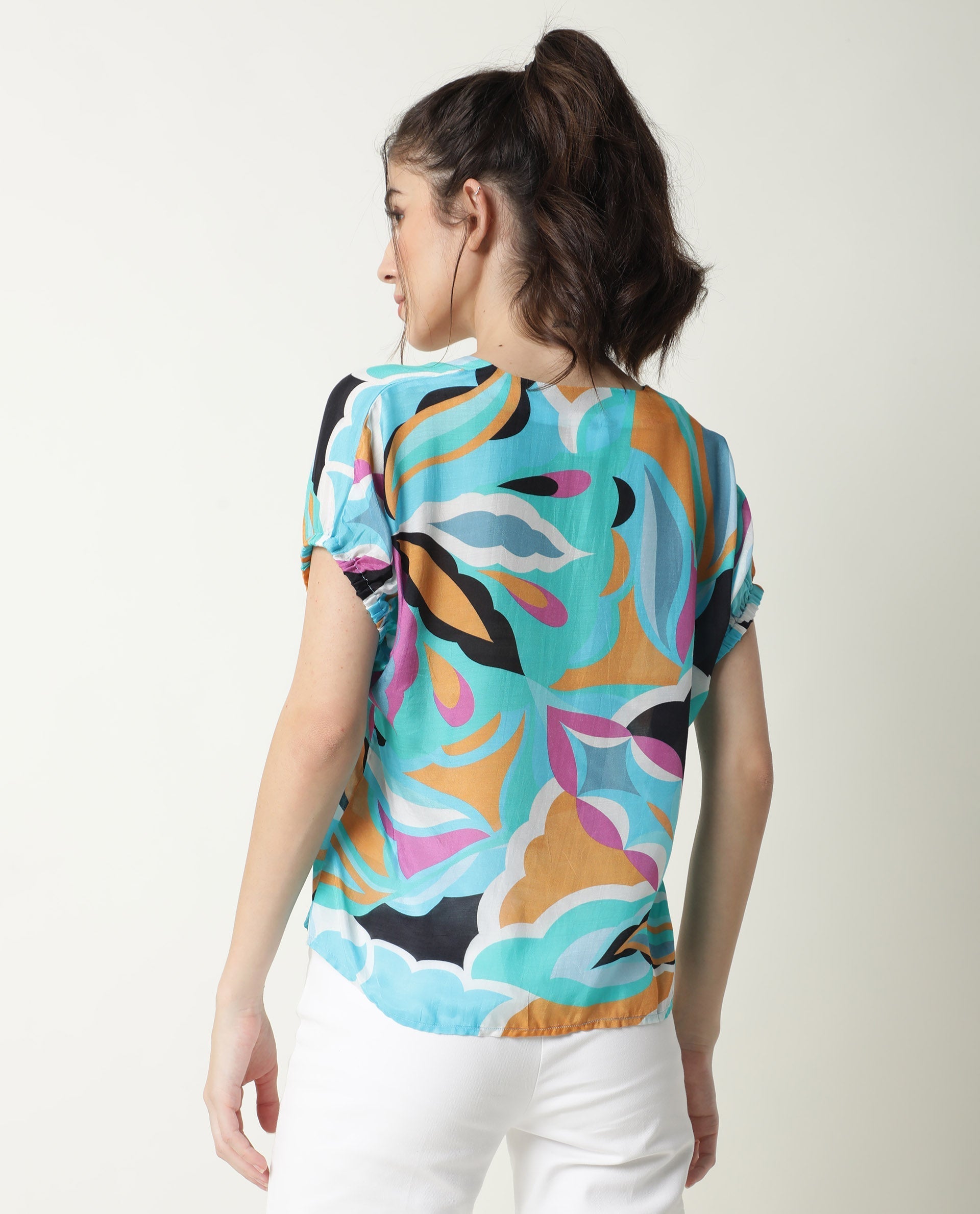 Rareism Women Maverick Multi Cotton Silk Fabric Relaxed Fit V-Neck Half Sleeves Abstract Print Top
