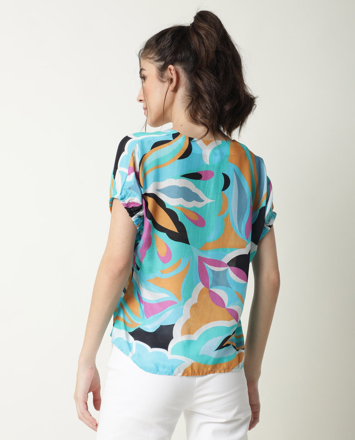 Rareism Women Maverick Multi Cotton Silk Fabric Relaxed Fit V-Neck Half Sleeves Abstract Print Top