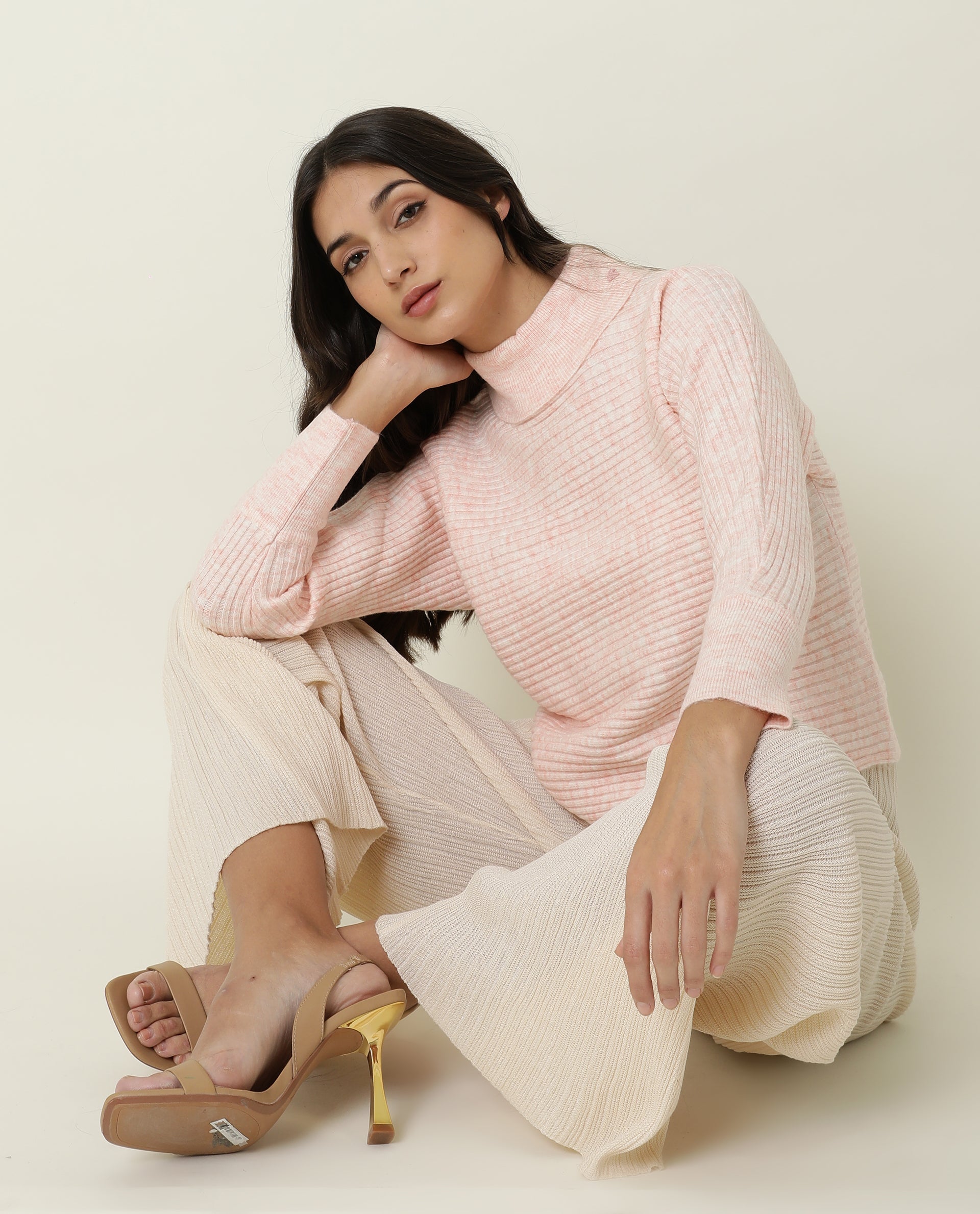 Rareism Women's Levour Pink Acrylic Turtle Neck Plain Relaxed Fit Sweater