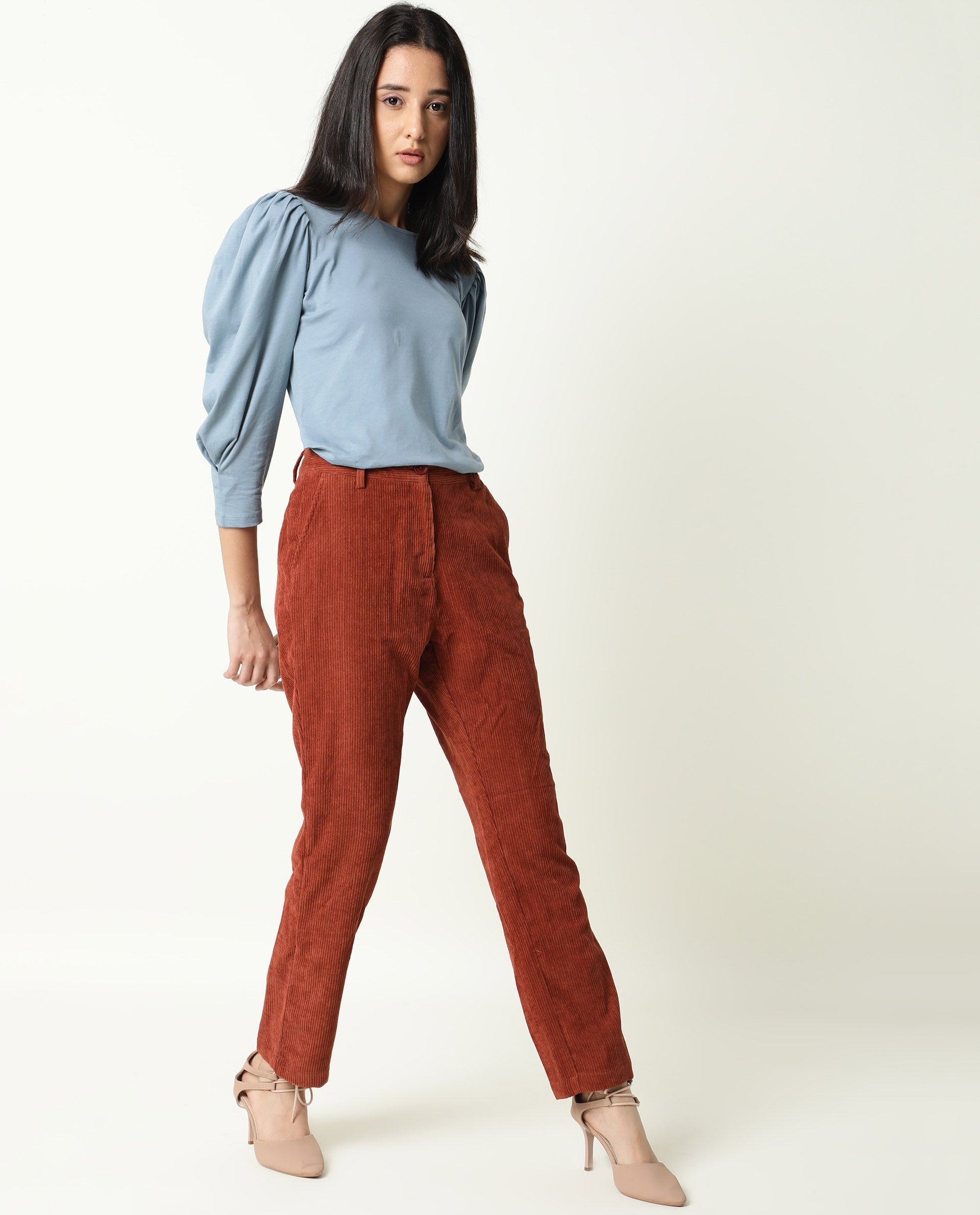 Rareism Women Ballerina Blue Cotton Fabric Regular Fit Knee Length Boat Neck 3/4Th Sleeves Solid Top