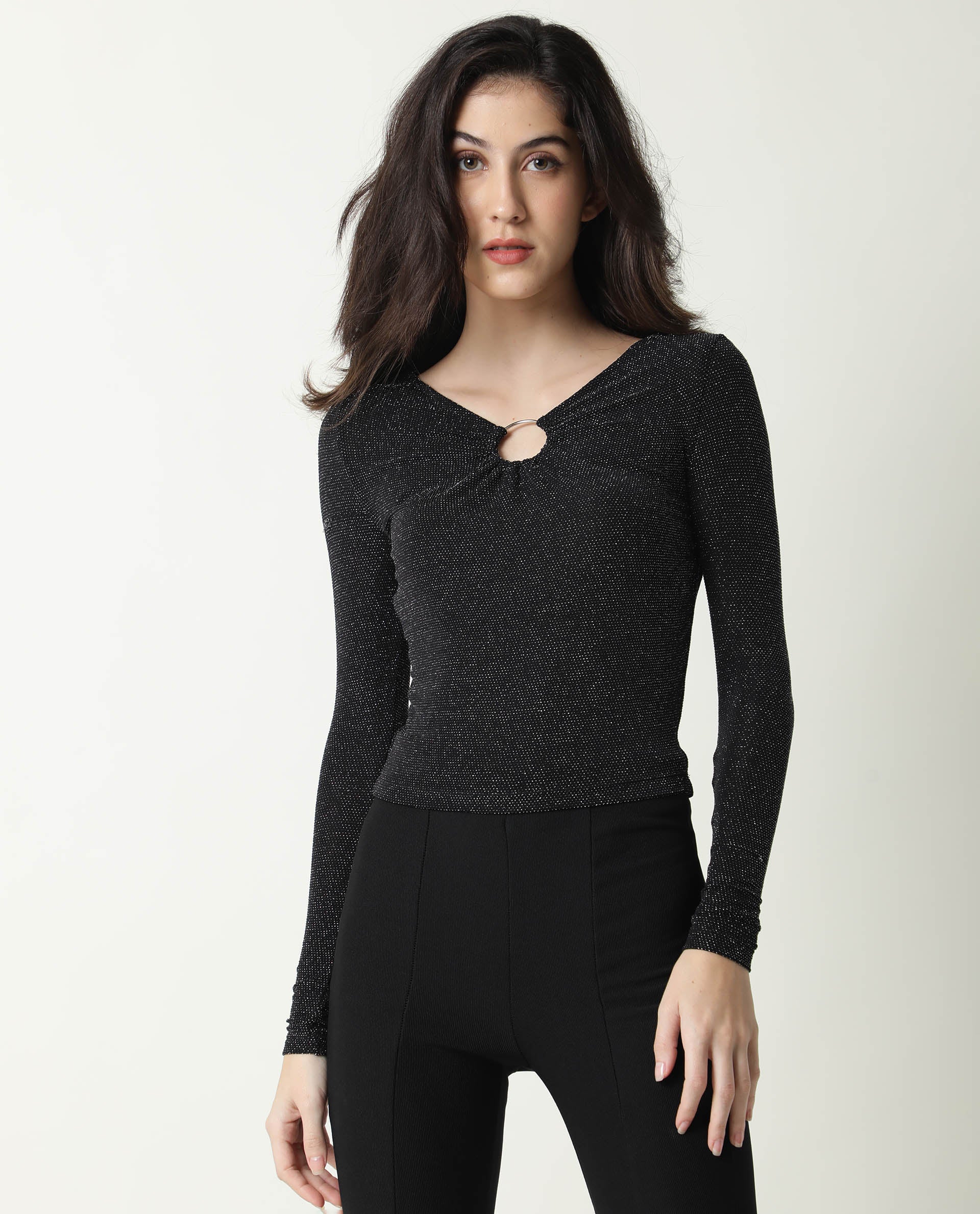 Rareism Women Ring Black Top Nylon Fabric Full Sleeves Solid
