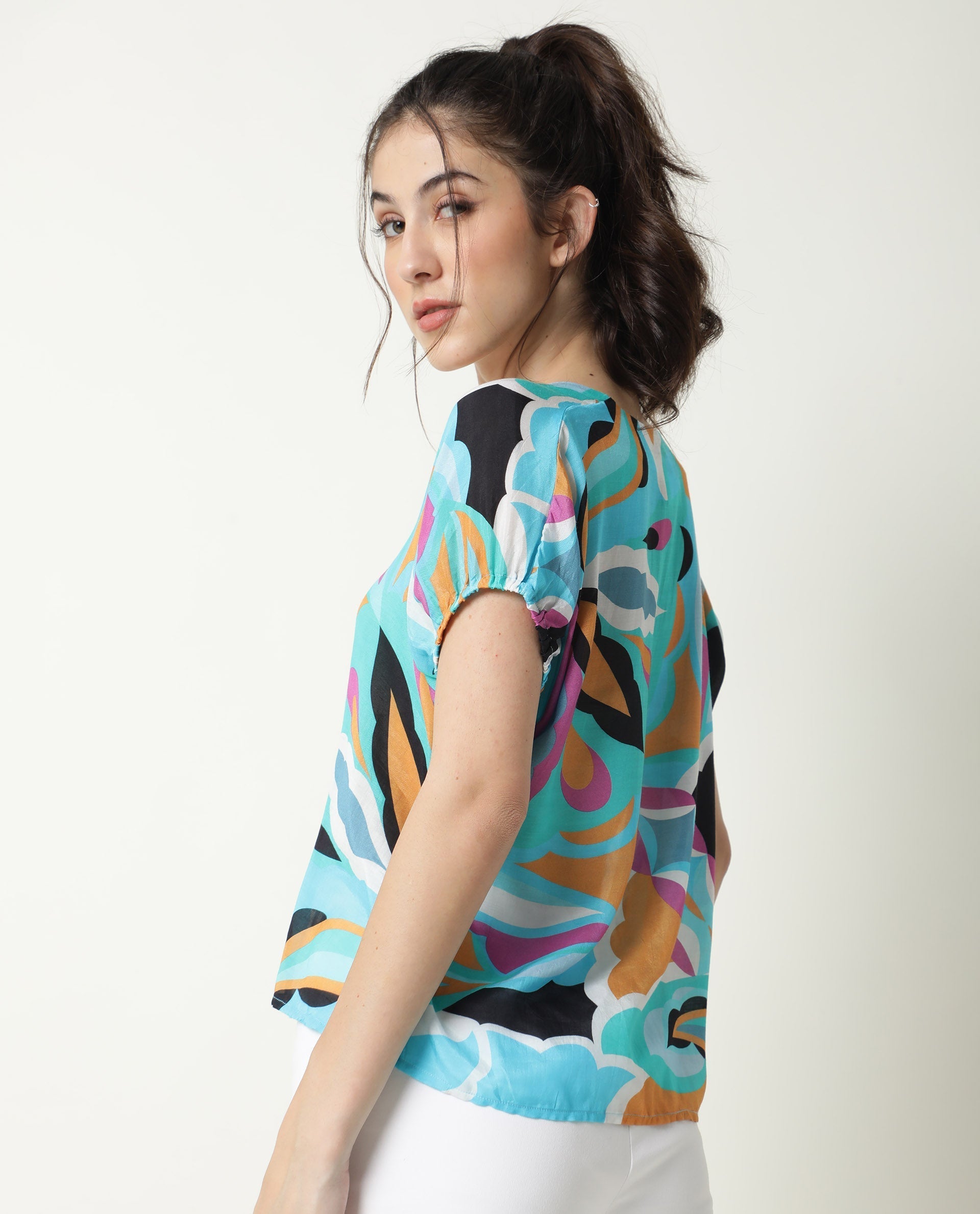 Rareism Women's Maverick Multi Cotton Blend V-Neck Abstract Print Relaxed Fit Top