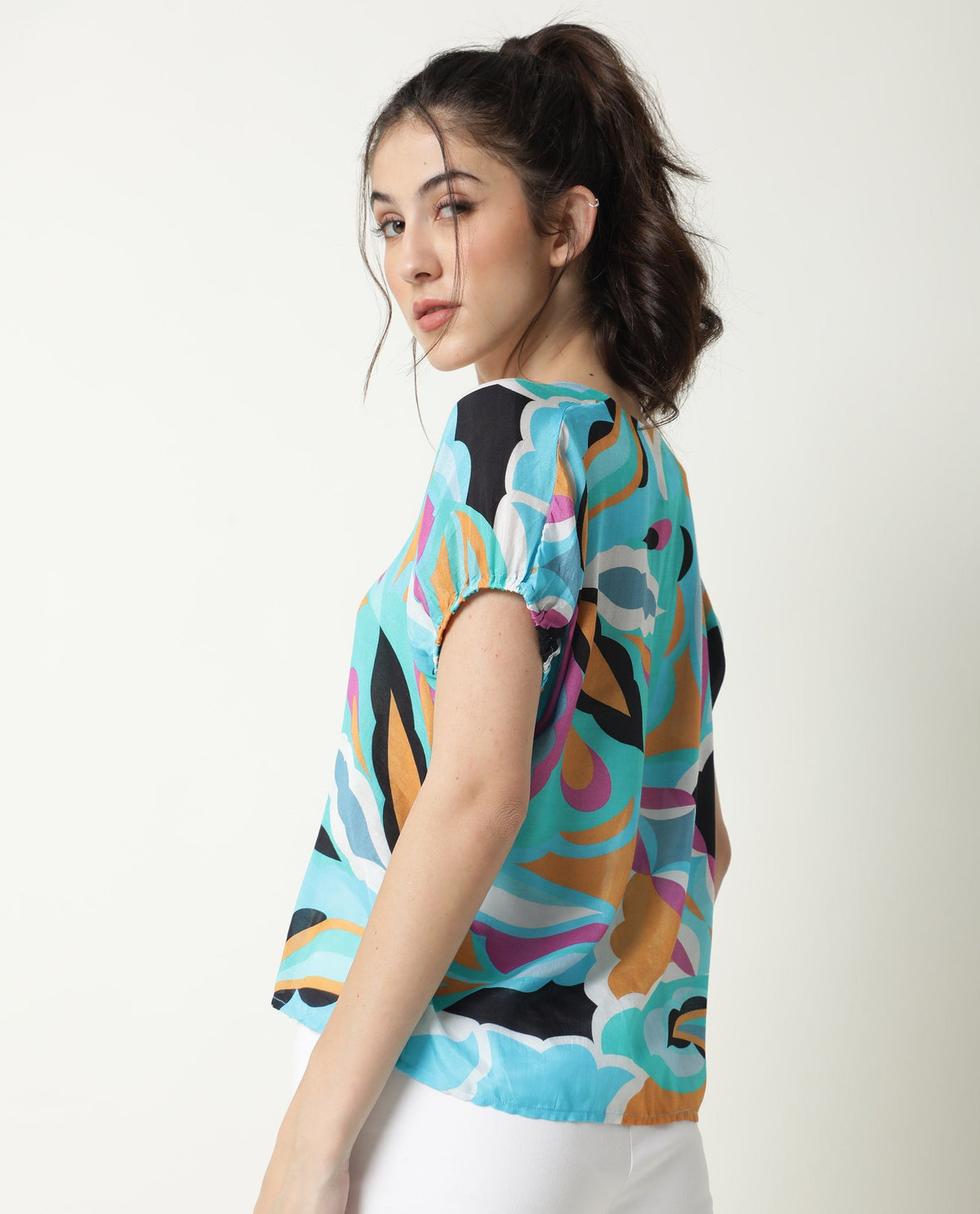 Rareism Women Maverick Multi Cotton Silk Fabric Relaxed Fit V-Neck Half Sleeves Abstract Print Top