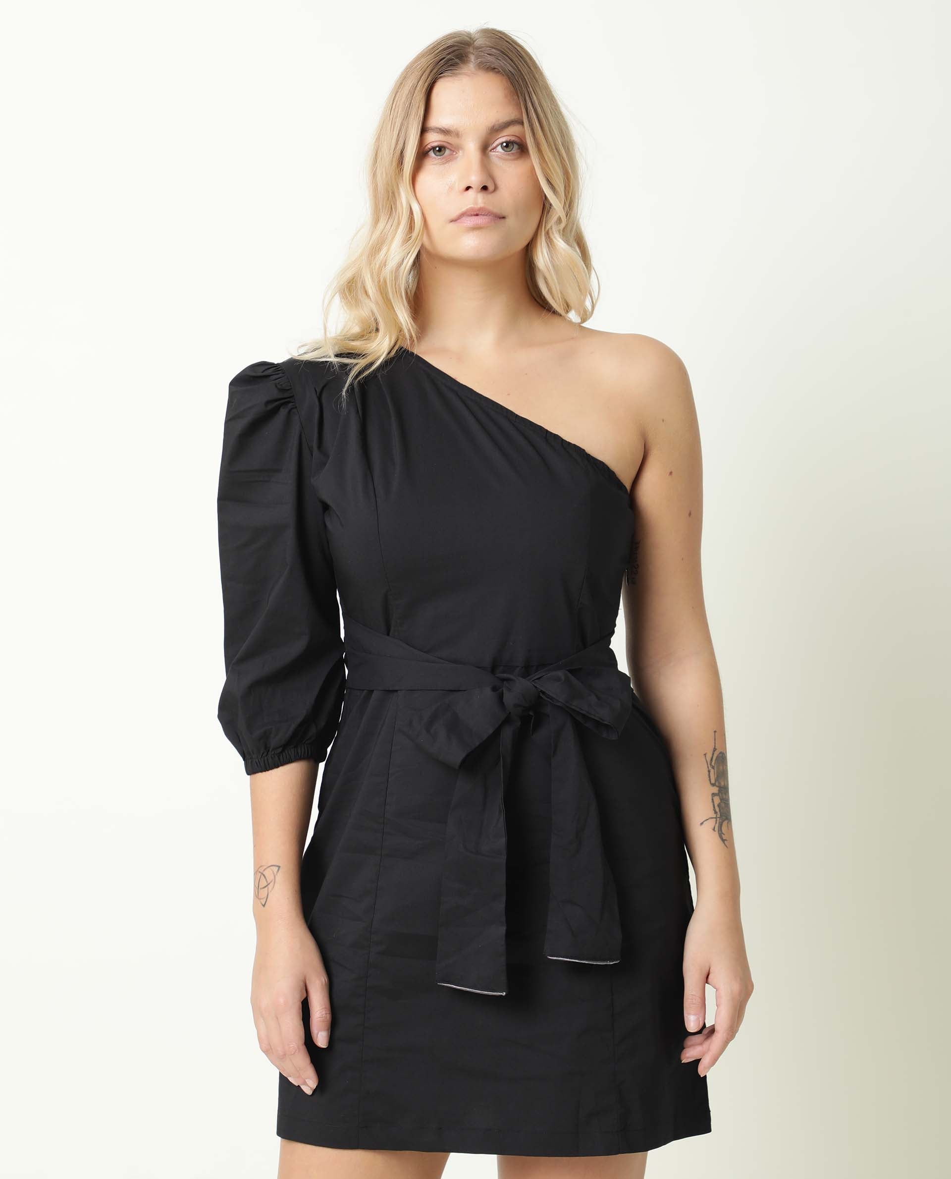 Rareism Women's Floris Black Polyester Blend One Shoulder Plain Puff Sleeves Knee Length Slim Fit Dress
