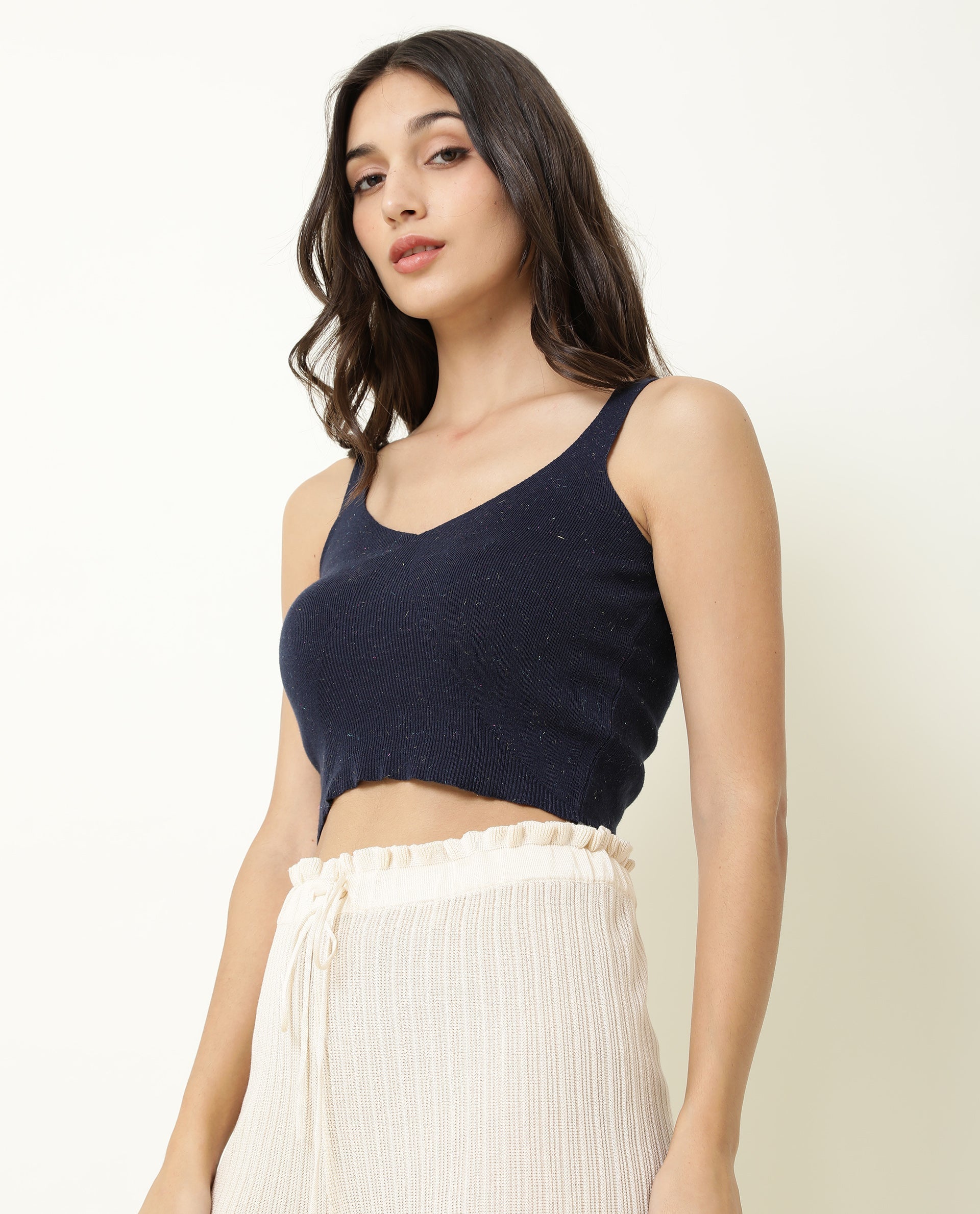Rareism Women's Flee Navy Cotton V-Neck Plain Sleeveless Crop Regular Fit Sweater