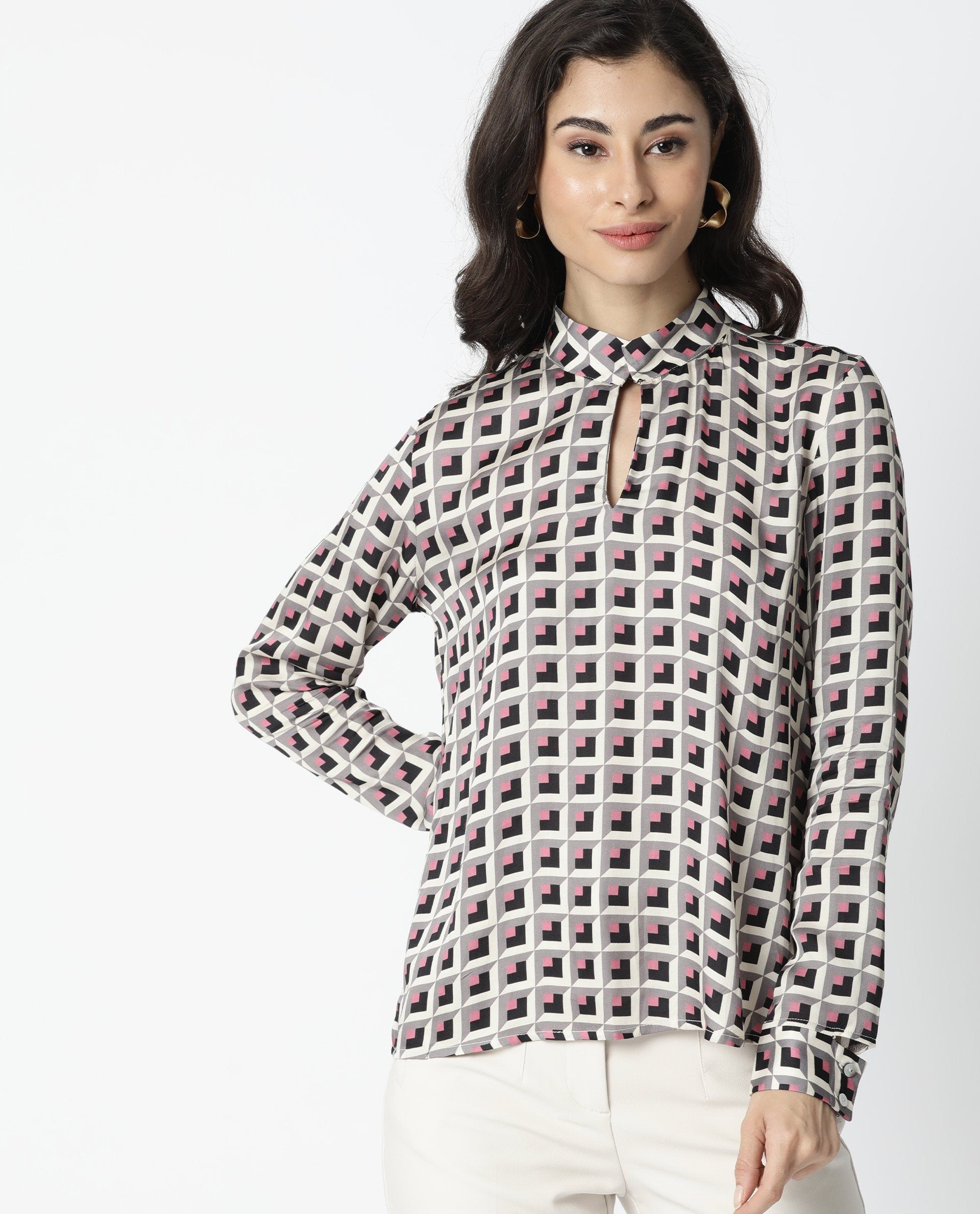 Rareism Women Appar Off White Tailored Fit Mandarin Collar Full Sleeves Geometric Print Top