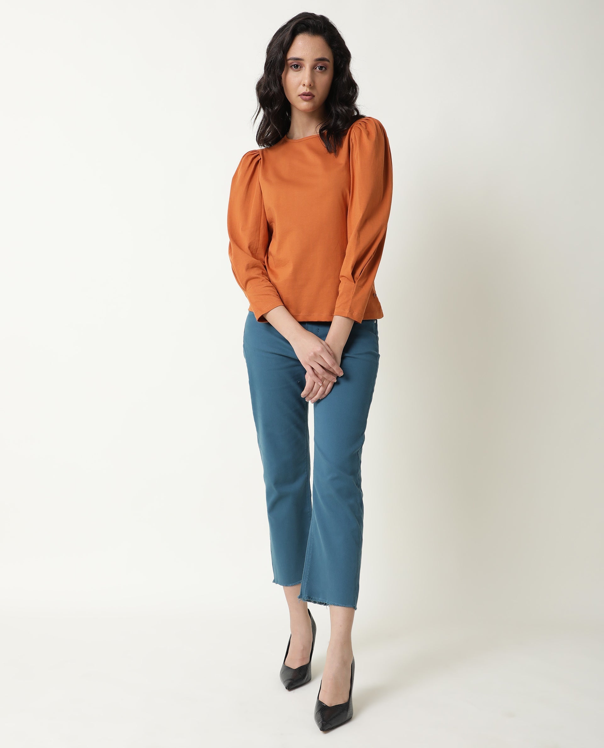 Rareism Women's Ballerina Orange Cotton Boat Neck Plain Midi Length Slim Fit Top