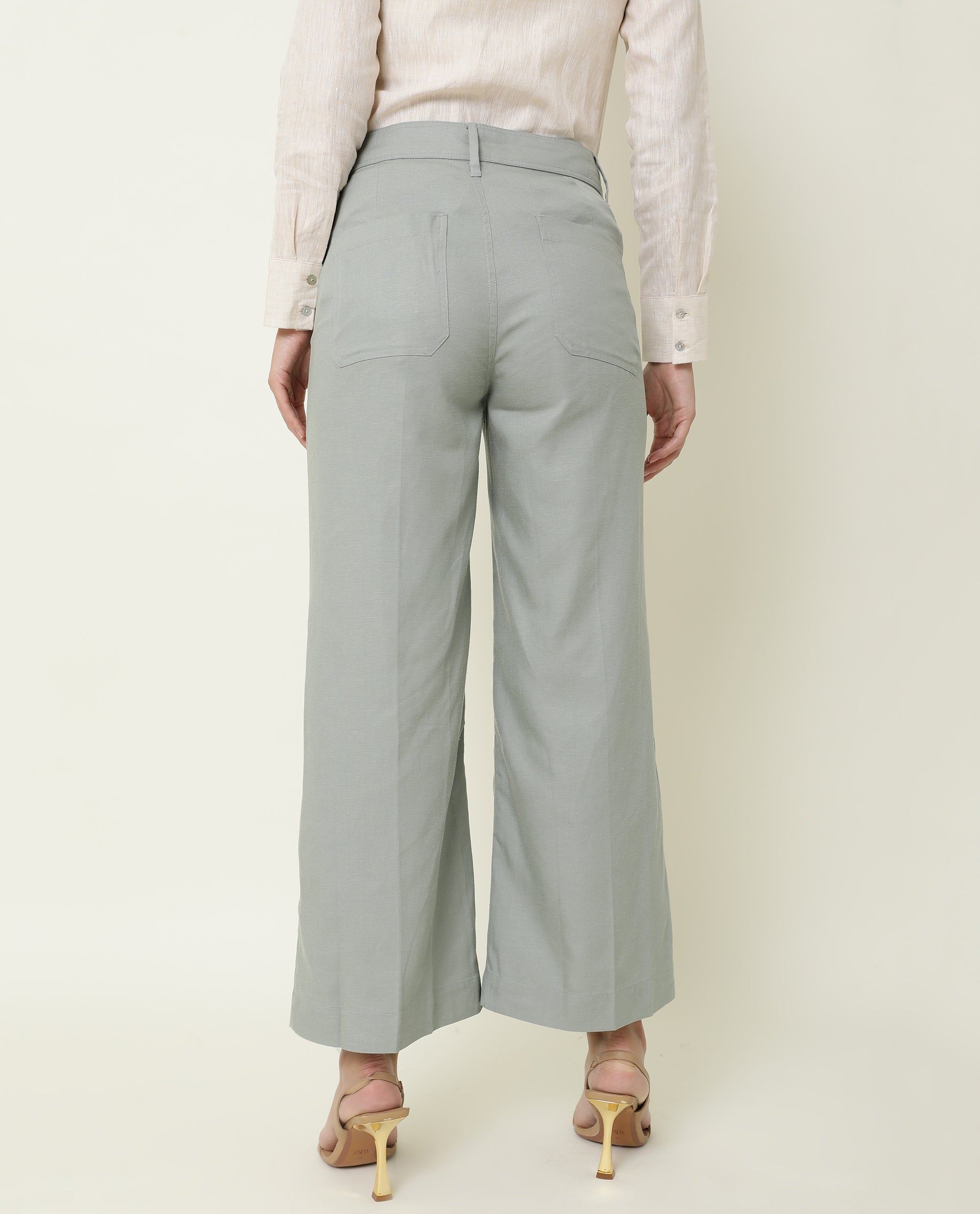 Rareism Women's Micky Green Cotton Blend Plain Ankle Length Tailored Trouser